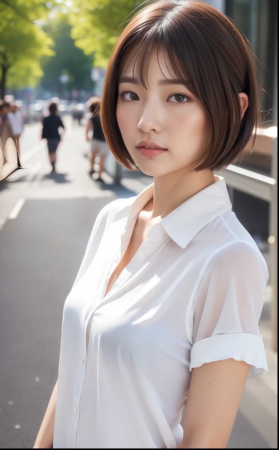 cherry trees、Spring cityscape((top-quality、8k、​masterpiece:1.3))、foco nítido:1.2、Beautiful Japan woman with perfect body、slim abdomen:1.2、((Short-cut hairstyles))、 (Thin, damp buttons up to shirt length:1.1)、(wet from the rain、white  shirt)、(Sateen、a street:1.2)、Wet body:1.1、Highly detailed facial and skin texture、 A detailed eye、二重まぶた、skin tanned、A sexy、sun burned body