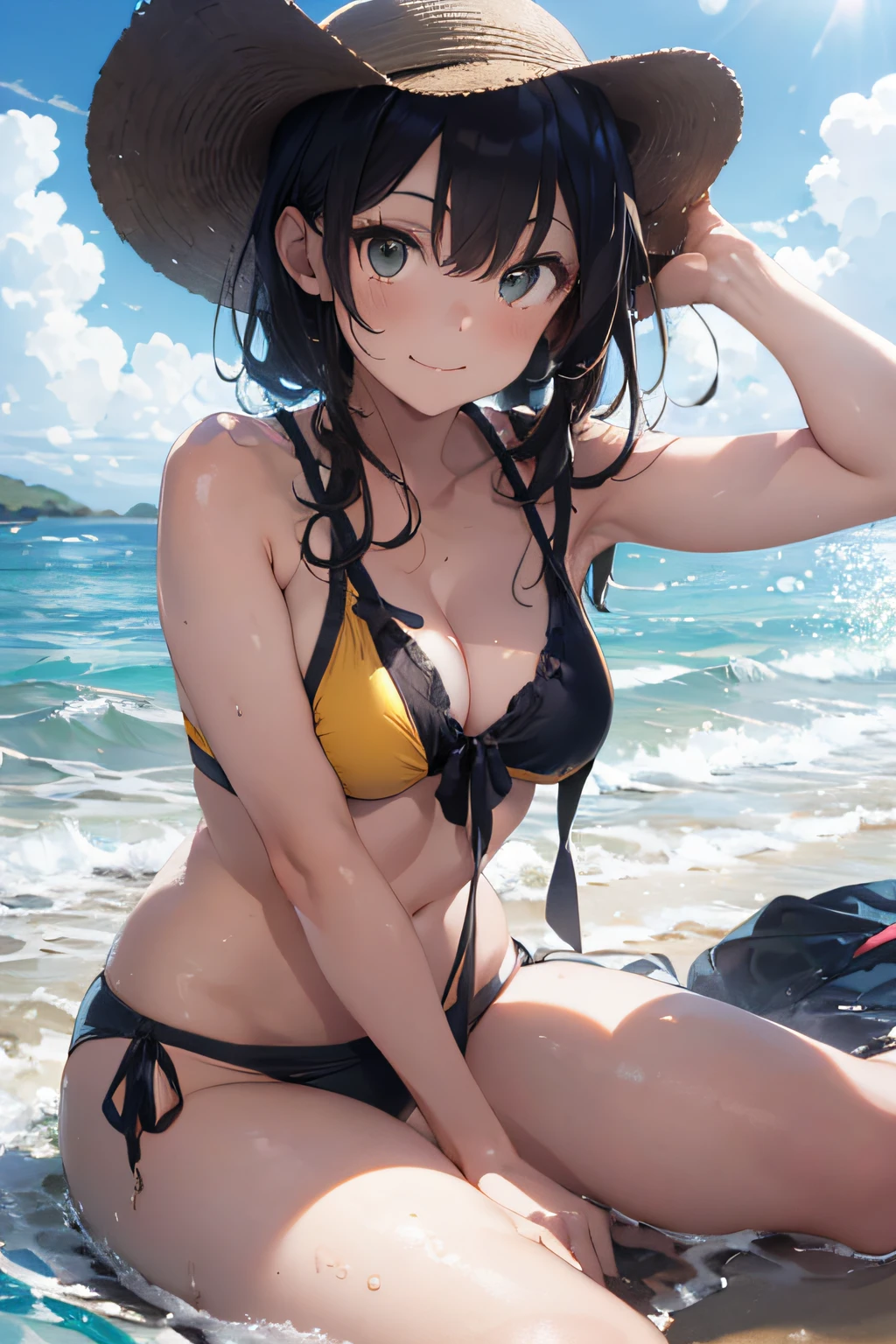 High resolution,
One beautiful young woman,
(soft saturation: 1.3), (fair skin: 1.2),
(ultra-detailed background, detailed background), bokeh,
Portrait of smiling girl breaking. When viewed from the front, the composition is symmetrical.
Look straight at you with serious eyes and break
yellow swimsuit, yellow bikini, middle breast,
outdoor, sea surface, sky, sunshine, summer beach, sand,
strong light, front light,
(ager: 1.3), (Cowboy Shot: 1.2), Break
angle from the front,
Look at the viewer,
Dynamic Pose,
Sitting on the beach
Wakame, wakame, wakame, wakame, wakame, wakame, wakame,