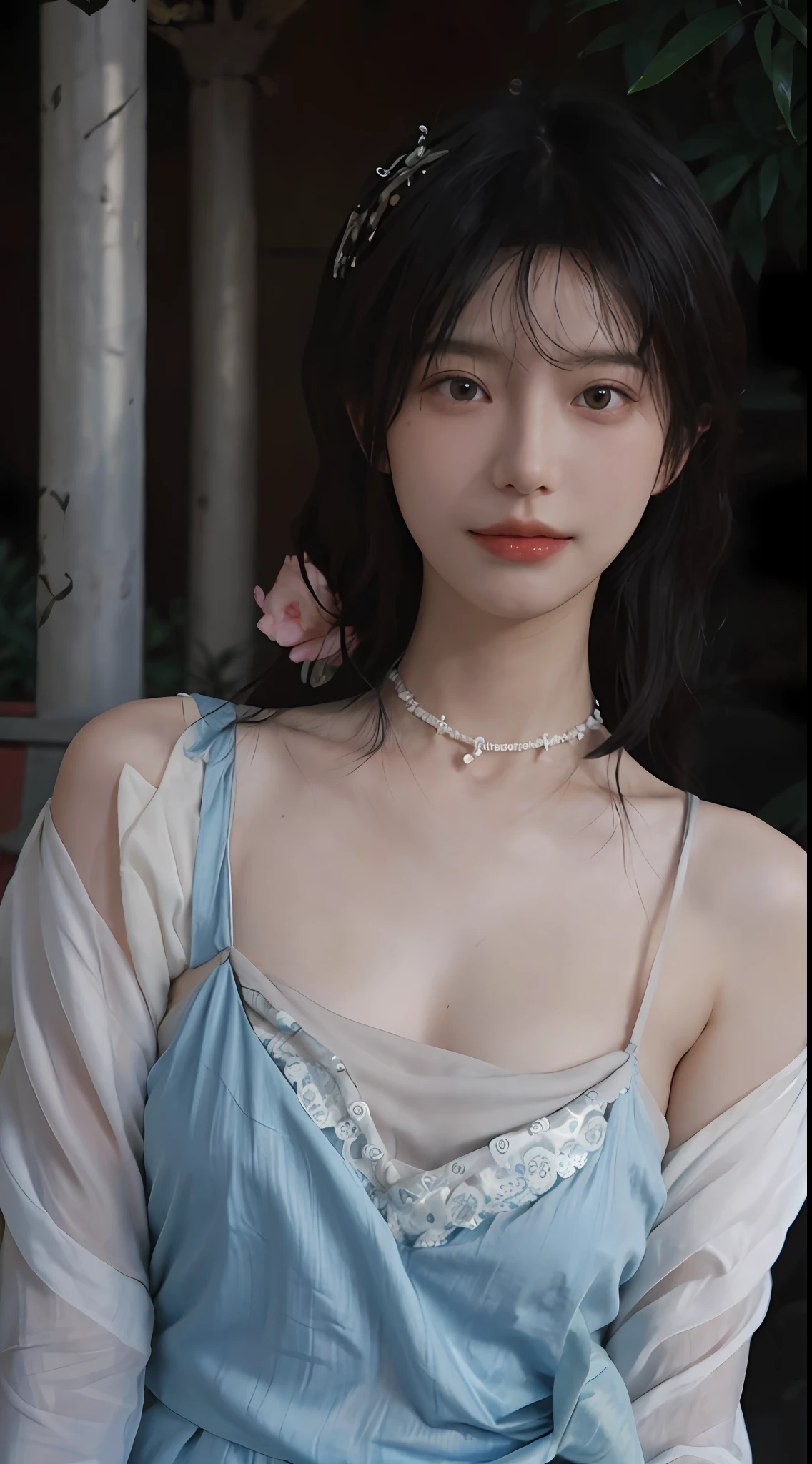 best qualtiy， 超高分辨率， （realisticlying：1.4），cute hairpin，Baoyu Girl， A pair of clear and moving peach blossom eyes,Royal Sister，sunshine on face，with long coiled hair，（ln the forest：1.4），（choker necklace：1.2），（Fair skin：1.4），（full bodyesbian：1.2）a sense of atmosphere，a beauty girl， ssmile，head straight-looking at viewer， closeup cleavage ，(Photorealistic:1.4),1girll,Sexy,(Upper body:1.4),(Wet body),(:1.2)