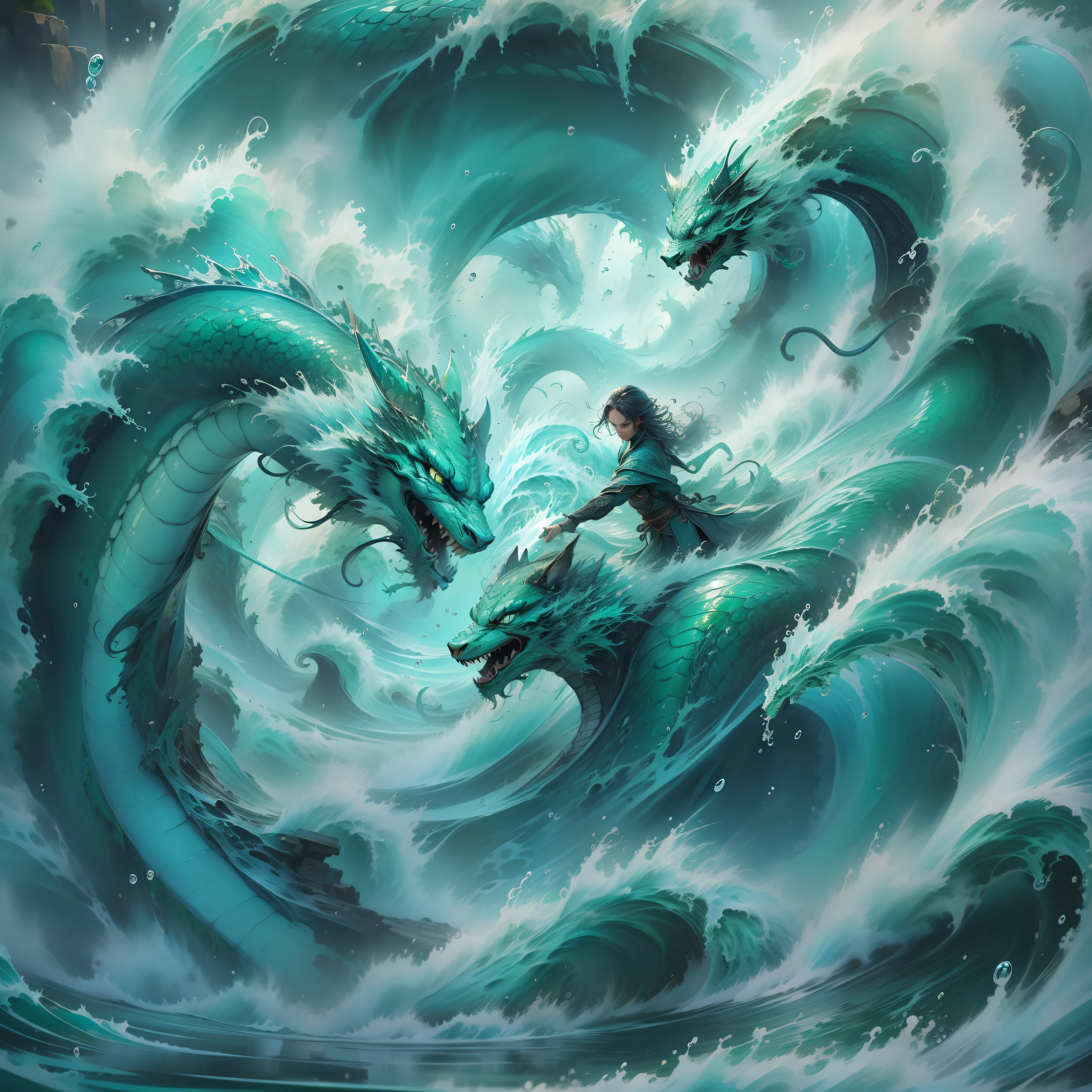 Green Dragon，faucet，a Oriental Dragons，Extreme sports photography、surfing、Glide along the huge waves、Thrilling tension、pussycat、Mare、Vague、Looking at the camera、Background bubbles、High texture、Realistic effects、drippy、The cat's face is reflected on the droplets、Surfboard rides
