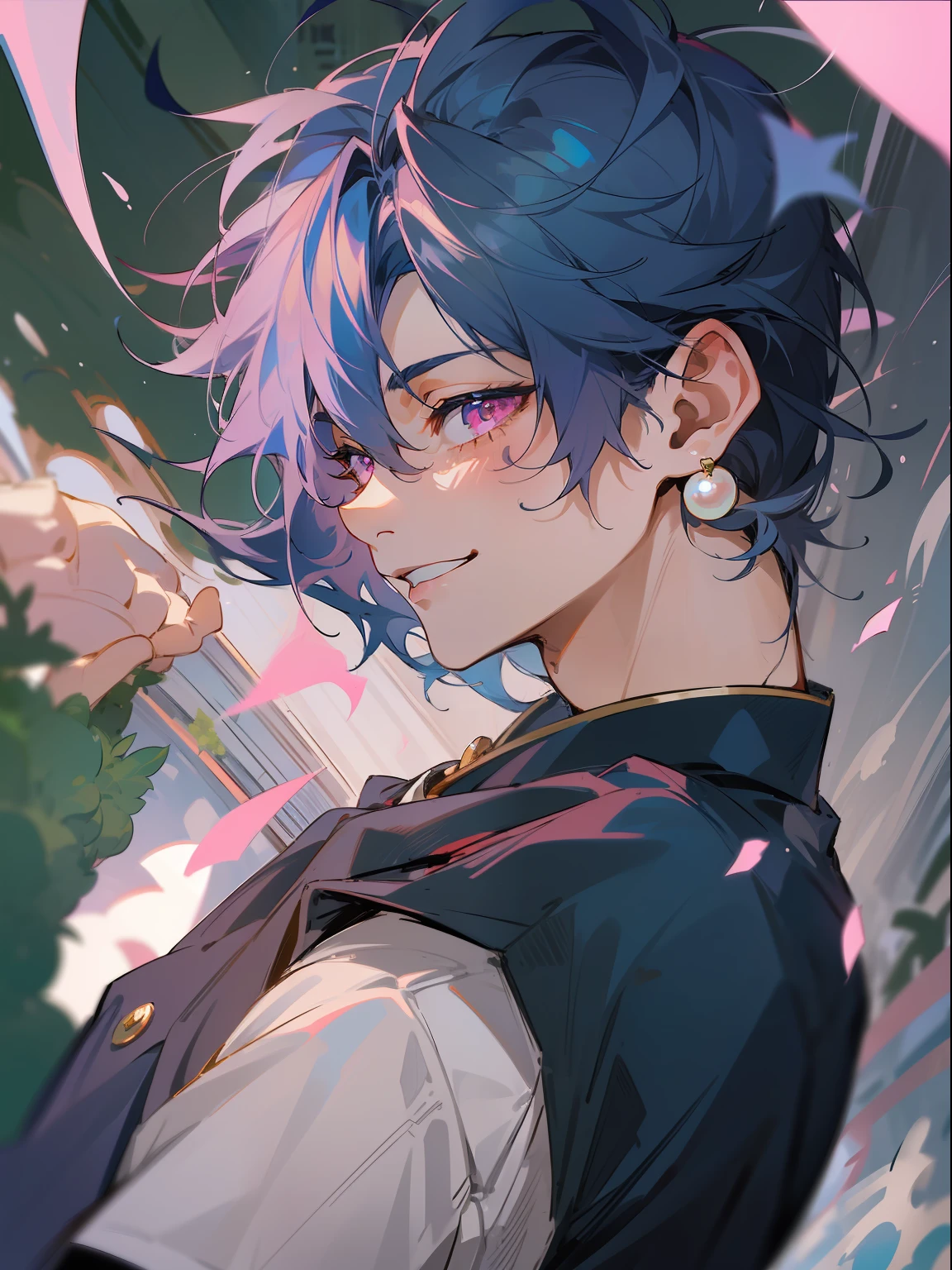 Ultra Detail,Haig Quality,sketch,1boy,matured male,Beautiful face,(Navy blue hair,Outer hair:1.3),Handsome men,Pearl skin,black tshirt,Moss Green Mod Court,Dynamic Angle,Japan Anime,Pink eyes,Laugh,Like a cat's eye,city,male in his 20s,