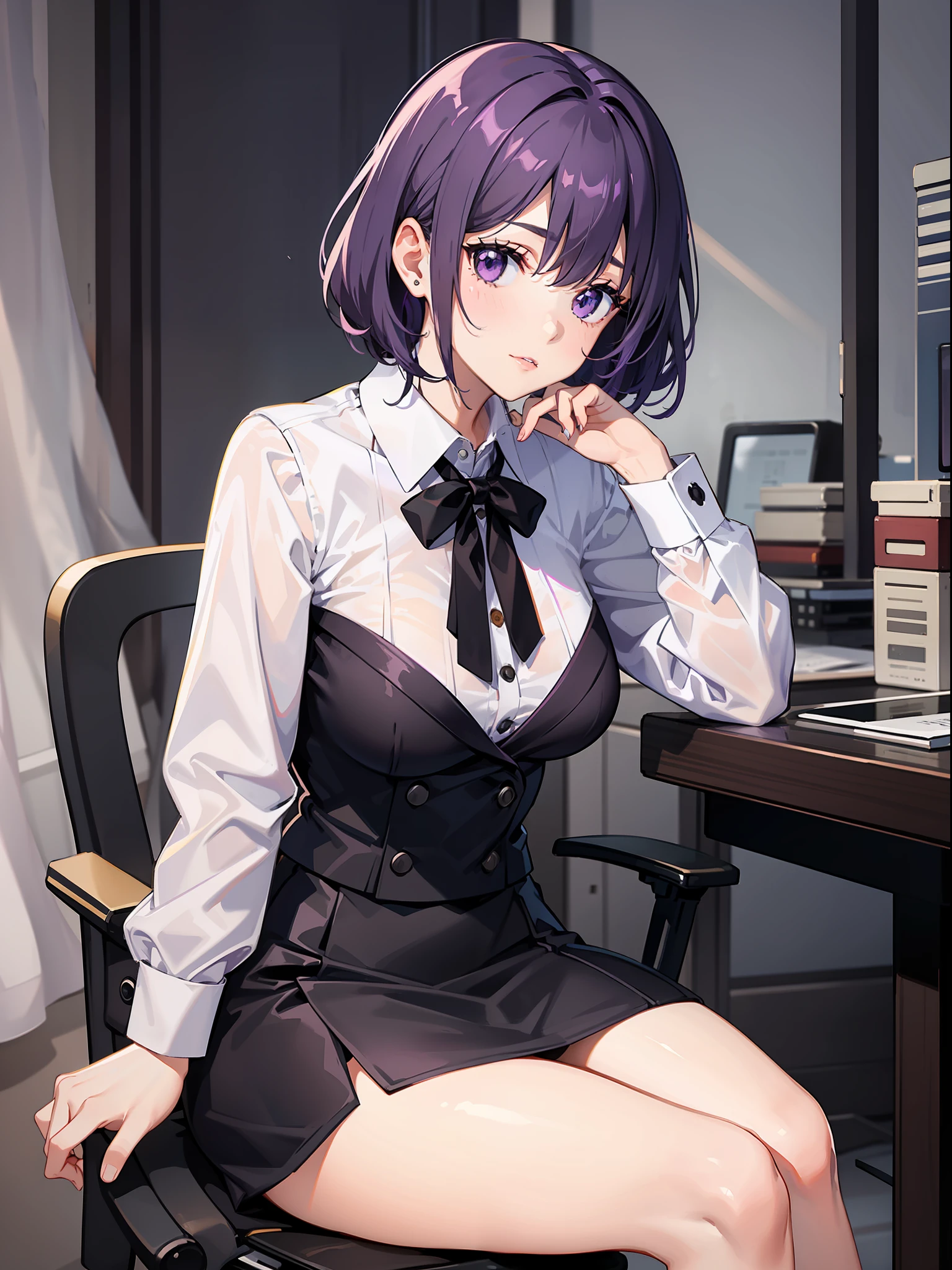 Purple colored hair,White color blouse,black short skirt,black lence stockings,white Heels,sitting on office chair