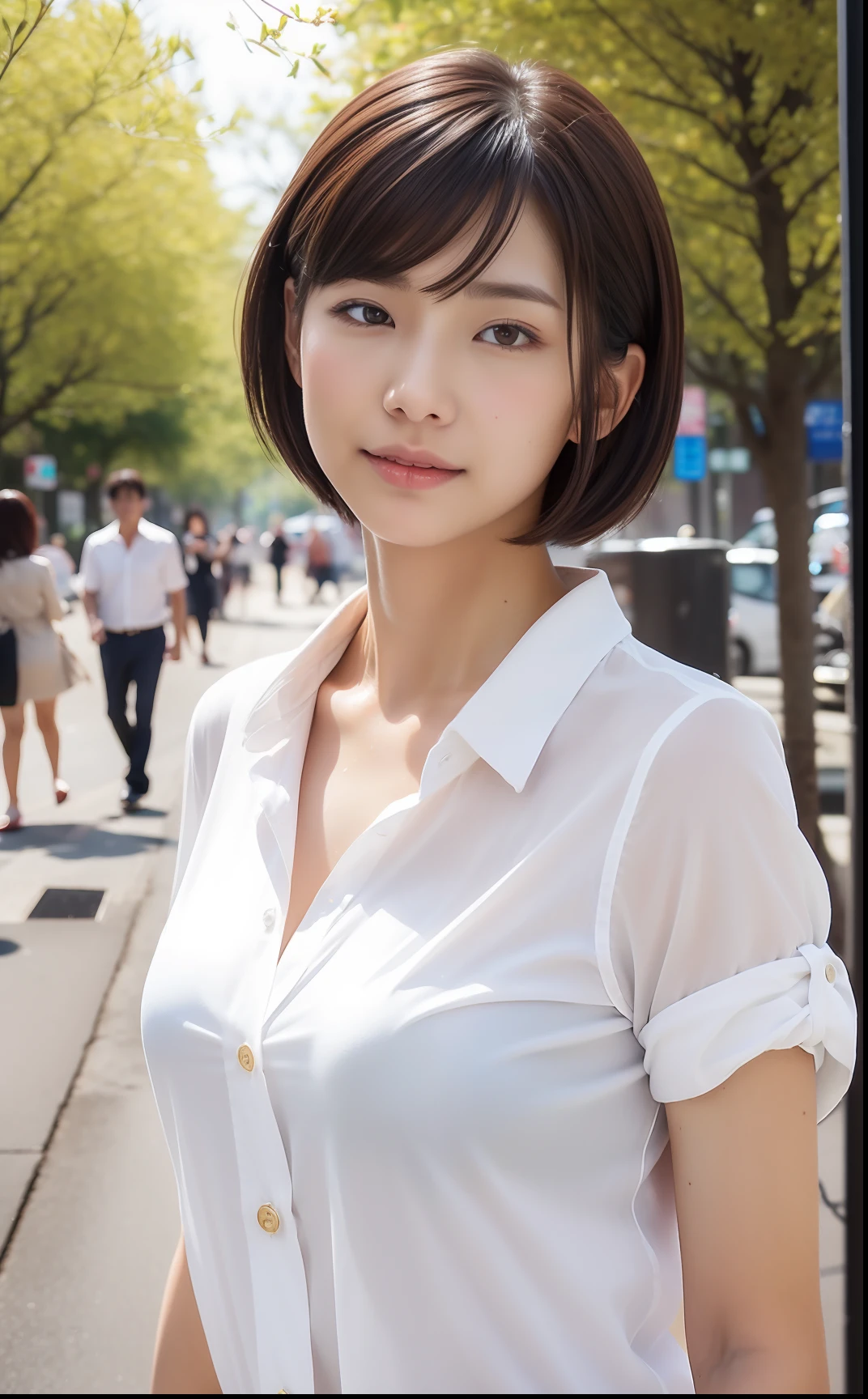 ((cherry trees))、The season is spring、((top-quality、8k、masterpiece))、Photorealsitic、Beautiful breasts、Beautiful Japan woman with perfect body、slim abdomen、((Short-cut hairstyles))、 (Thin, damp buttons up to shirt length:1.1)、(wet from the rain、white shirt)、(Sateen、a street:1.2)、Wet body:1.1、Highly detailed facial and skin texture、 A detailed eye、二重まぶた、skin tanned、A sexy、sun burned body