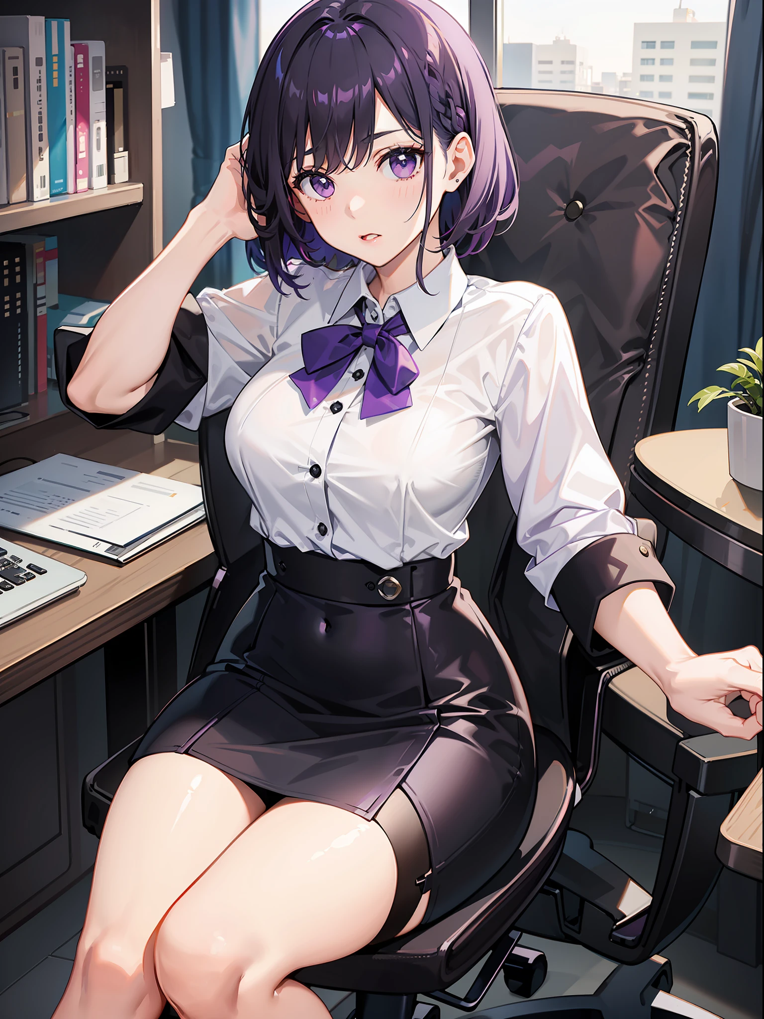 Purple colored hair,White color blouse,black short skirt,black lence stockings,white Heels,sitting on office chair