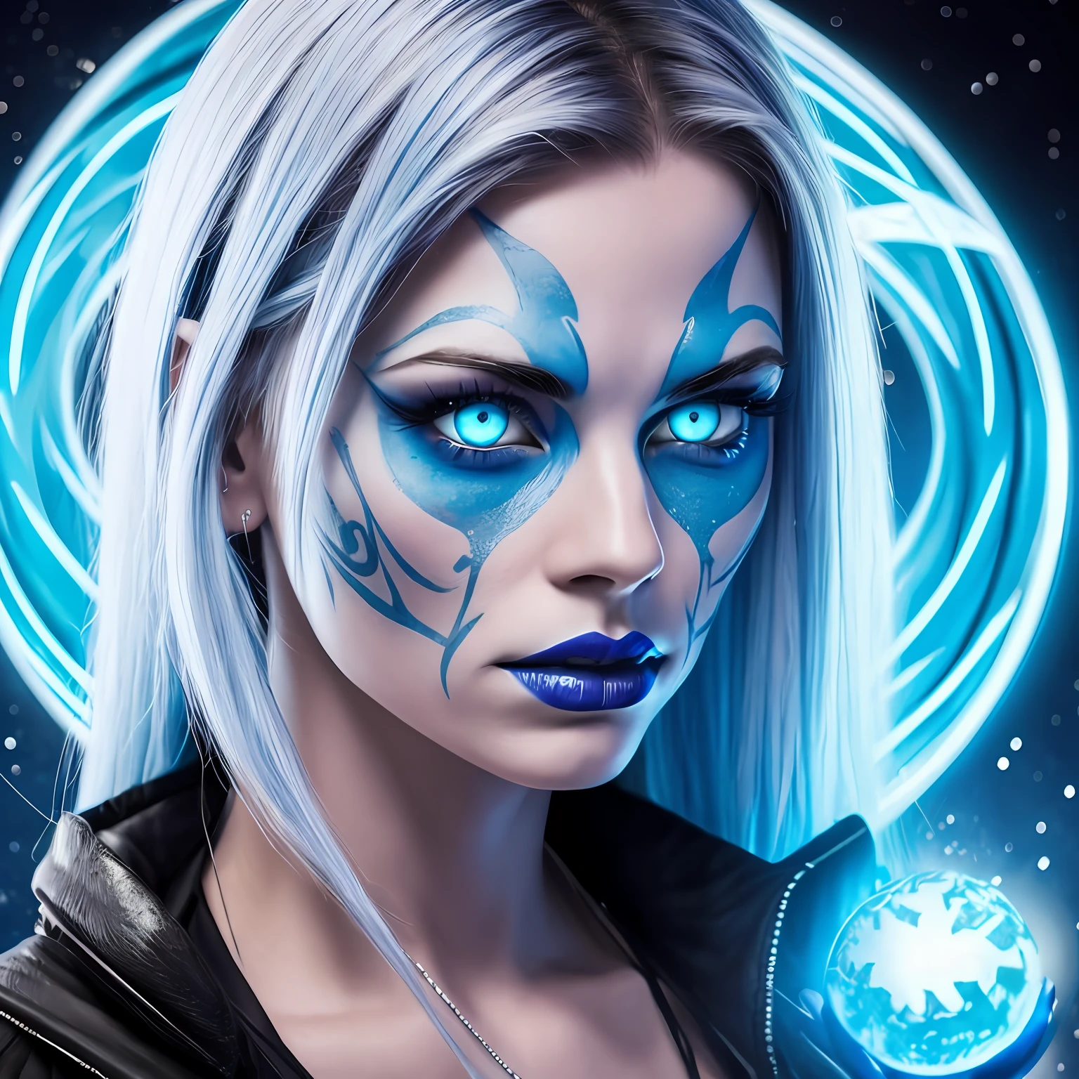 a woman with blue eyes and a blue mouth, in the style of wiccan, dark white and light aquamarine, celestialpunk, voidcore, photo-realistic, halloween, alex grey , sharp focus, high detail, majestic photograph, Trending on CGSociety, Artstation --auto