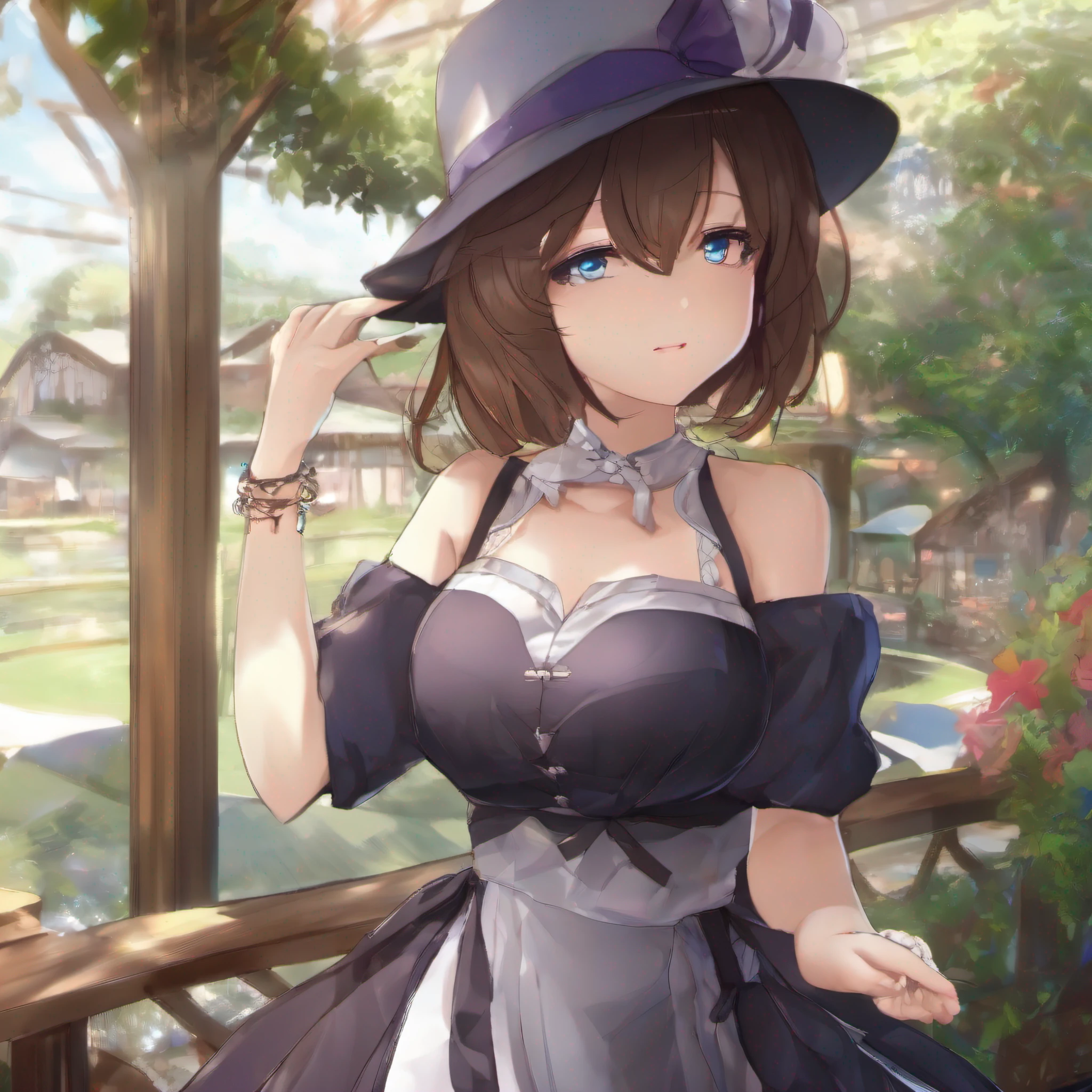 tmasterpiece，1girll，独奏，brunette color hair，underbust，Hats，light_smile，shift dresses，crossed arms，