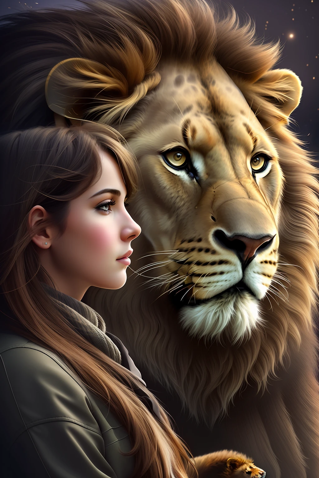 The Thinking Girl and the Lion, fotografia realista, Detailed and dynamic background, detalhes intrincados, cores ricas, estilo realista, Front appearance, 4k