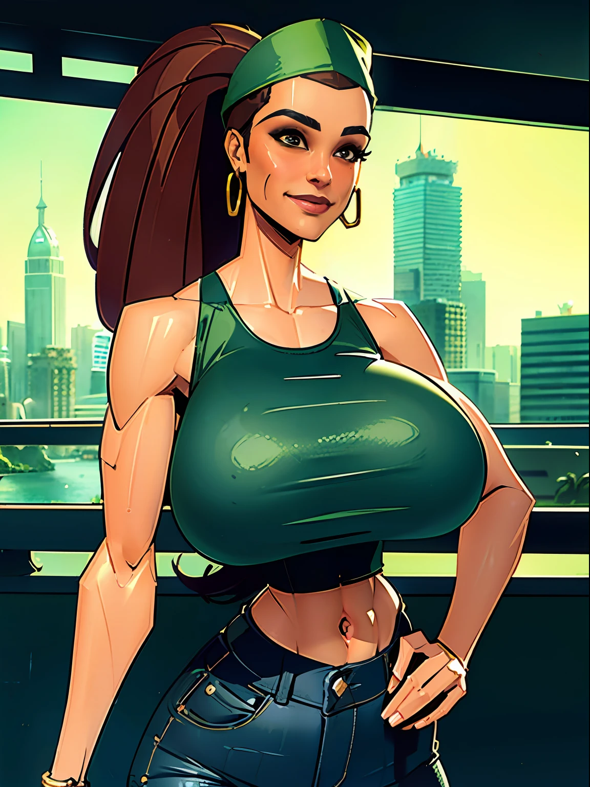 1girl, short busty petite brunette comic book woman, gorgeous face, masterpiece, beautiful, high quality, high definition, superb quality, highly detailed, insane detail, hands on hips, happy, smiling, sexy pose, hand on hip, long hair, huge ponytail, slim, thin, athletic, womanly, rubbery, elastic woman, (jacket and tank top, olive-colored jacket, blue jeans, do-rag, do rag, tight tank top), rubber body, brunette, (((huge breasts, big boobs, slim waist, overflowing breasts, too big for her top))), city, soft lighting, natural lighting, natural color, heroic, cheerful, (bold nose, hawkish facial features),