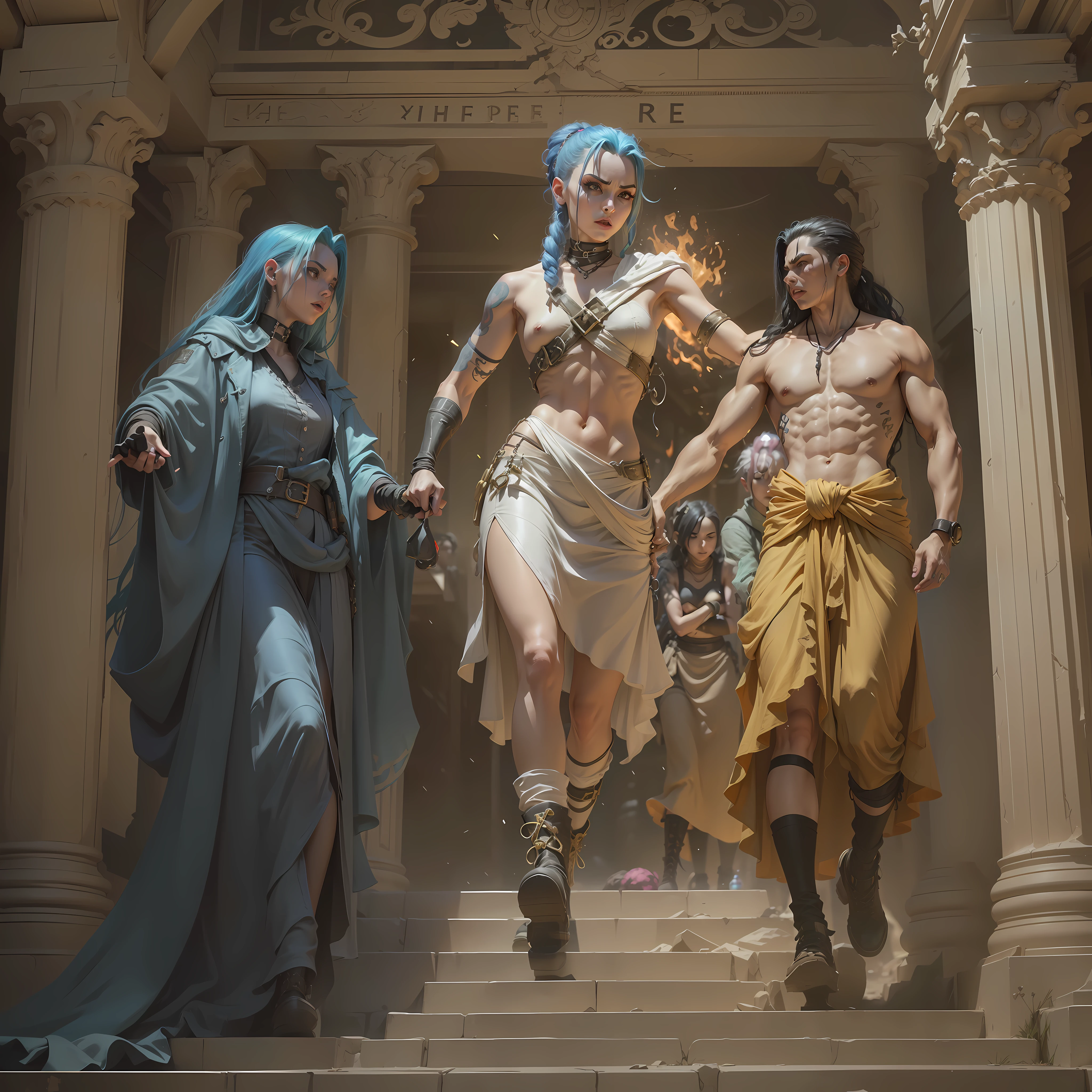 ((Best quality)), ((masterpiece)), (highly detailed:1.3), 3D, arcane style,In the dark and courageous dystopian city of Piltover, plagued by violence and divided into two opposing factions, a young prodigy named Jinx emerges. Having endured unimaginable loss and abandonment, she embraced a life of chaos and destruction. Known for her inventive and explosive abilities, Jinx becomes an icon of rebellion against the oppressive forces that control the city. However, haunted by guilt and battling inner demons, she must confront her past and decide whether to continue on the path of anarchy or seek redemption amid the turmoil. Explore Jinx's journey as she navigates a treacherous world, fighting for survival, unlocking secrets, and discovering the true meaning of her twisted existence, chaos reigns supreme, and at the center of it all is Jinx, the embodiment of unpredictability. Delve deep into Jinx's twisted mind, exploring the origins of his madness and the driving force behind his destructive nature. Unravel the moments that shaped her into the crazed, iconic character we know. Take us on a wild journey through the vibrant streets of Piltover and the shadowy suburb of Zaun as Jinx wreaks havoc with his explosive arsenal. Can redemption find its way into Jinx's fractured soul? Or will she dance forever on the edge of sanity, embracing the chaos that fuels her very existence? Arcane's fate hangs in the balance as Jinx's path intertwines with unlikely allies and formidable enemies. Ignite your imagination and paint a vivid portrait of Jinx's distorted psyche, capturing the essence of her madness and the indomitable spirit that defines it, HDR (High Dynamic Range), Ray Tracing, NVIDIA RTX, Super-Resolution, Unreal 5, Subsurface Scattering, PBR Texturing, Post-processing, Anisotropic Filtering, Depth of Field, Maximum Clarity and Sharpness, Multit Textures