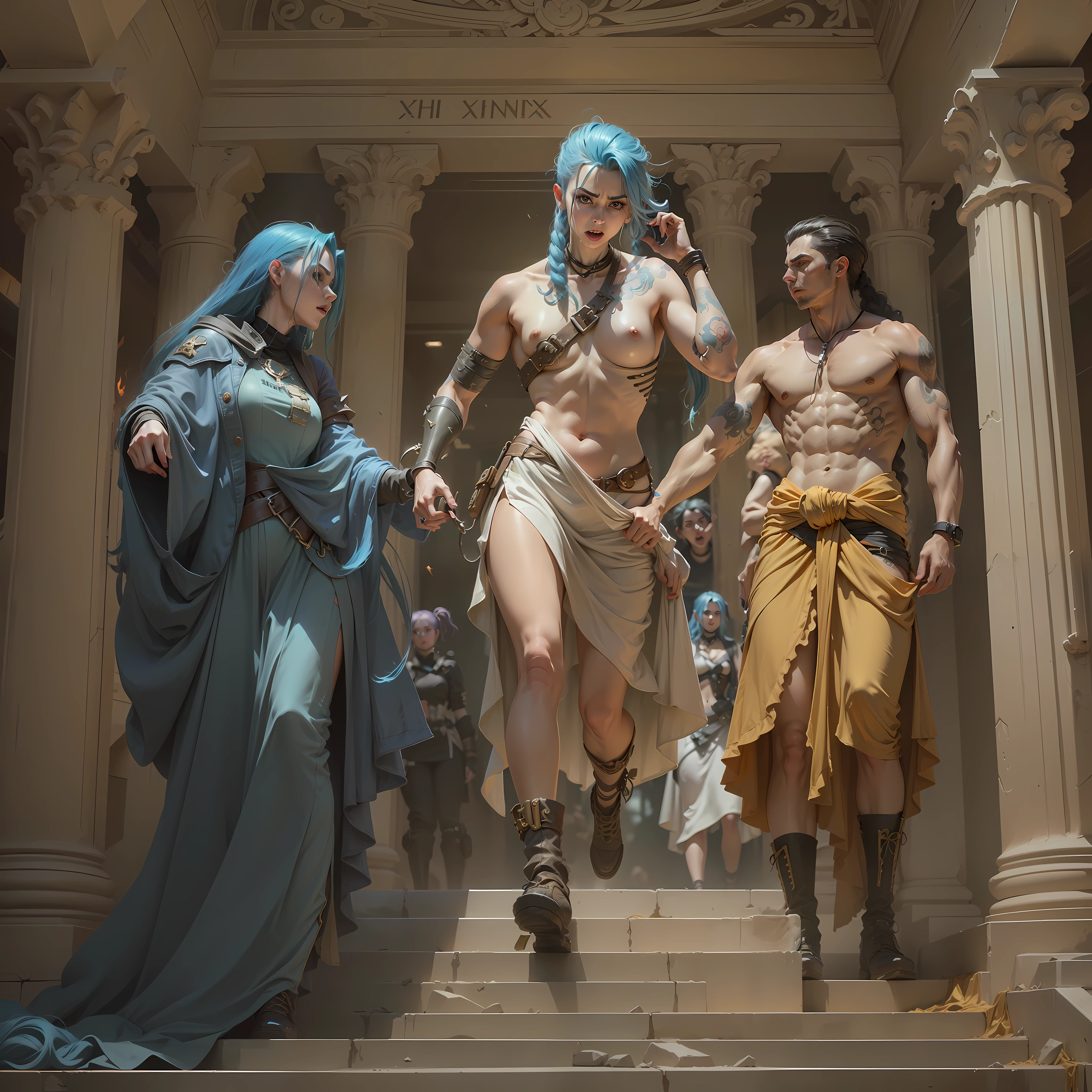 ((Best quality)), ((masterpiece)), (highly detailed:1.3), 3D, arcane style,In the dark and courageous dystopian city of Piltover, plagued by violence and divided into two opposing factions, a young prodigy named Jinx emerges. Having endured unimaginable loss and abandonment, she embraced a life of chaos and destruction. Known for her inventive and explosive abilities, Jinx becomes an icon of rebellion against the oppressive forces that control the city. However, haunted by guilt and battling inner demons, she must confront her past and decide whether to continue on the path of anarchy or seek redemption amid the turmoil. Explore Jinx's journey as she navigates a treacherous world, fighting for survival, unlocking secrets, and discovering the true meaning of her twisted existence, chaos reigns supreme, and at the center of it all is Jinx, the embodiment of unpredictability. Delve deep into Jinx's twisted mind, exploring the origins of his madness and the driving force behind his destructive nature. Unravel the moments that shaped her into the crazed, iconic character we know. Take us on a wild journey through the vibrant streets of Piltover and the shadowy suburb of Zaun as Jinx wreaks havoc with his explosive arsenal. Can redemption find its way into Jinx's fractured soul? Or will she dance forever on the edge of sanity, embracing the chaos that fuels her very existence? Arcane's fate hangs in the balance as Jinx's path intertwines with unlikely allies and formidable enemies. Ignite your imagination and paint a vivid portrait of Jinx's distorted psyche, capturing the essence of her madness and the indomitable spirit that defines it, HDR (High Dynamic Range), Ray Tracing, NVIDIA RTX, Super-Resolution, Unreal 5, Subsurface Scattering, PBR Texturing, Post-processing, Anisotropic Filtering, Depth of Field, Maximum Clarity and Sharpness, Multit Textures