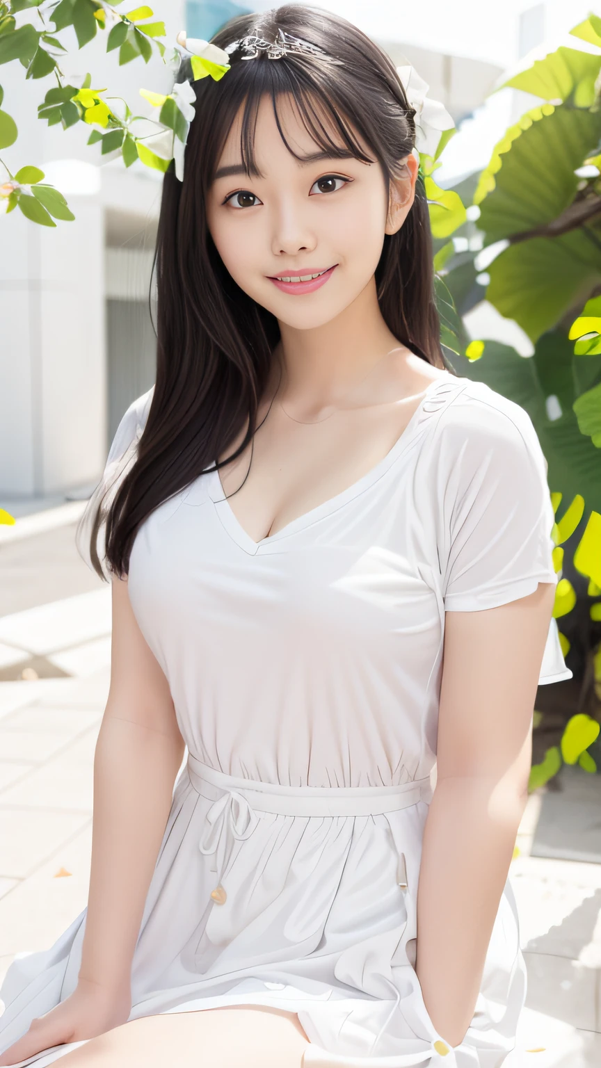 smile, white clothes, black hair, campus