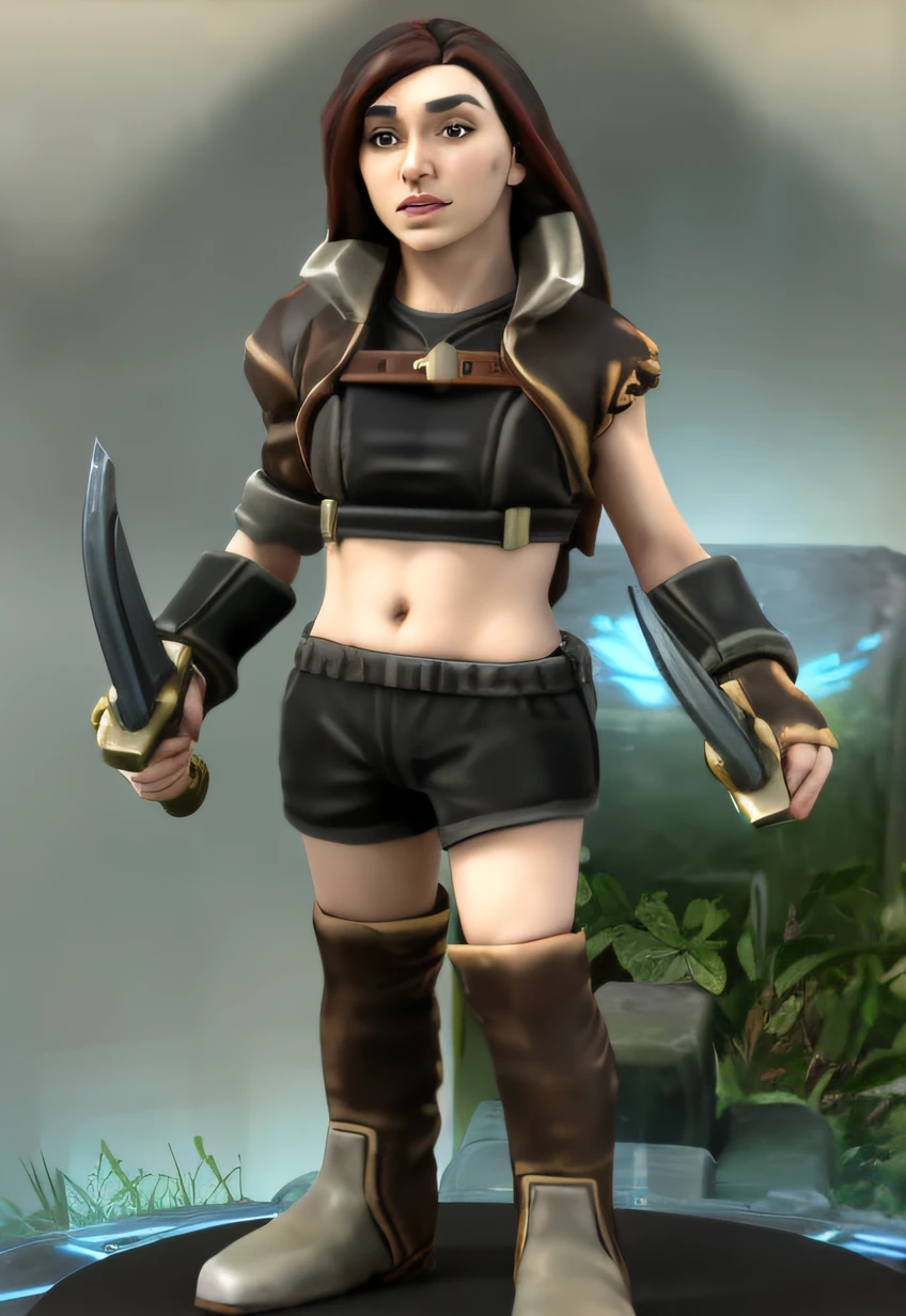 very young girl, 17 years old, holding two knives, belly exposed, short tight shorts, boots up to shins, thighs showing, battle stance, holding two knives to fight, mercenary.