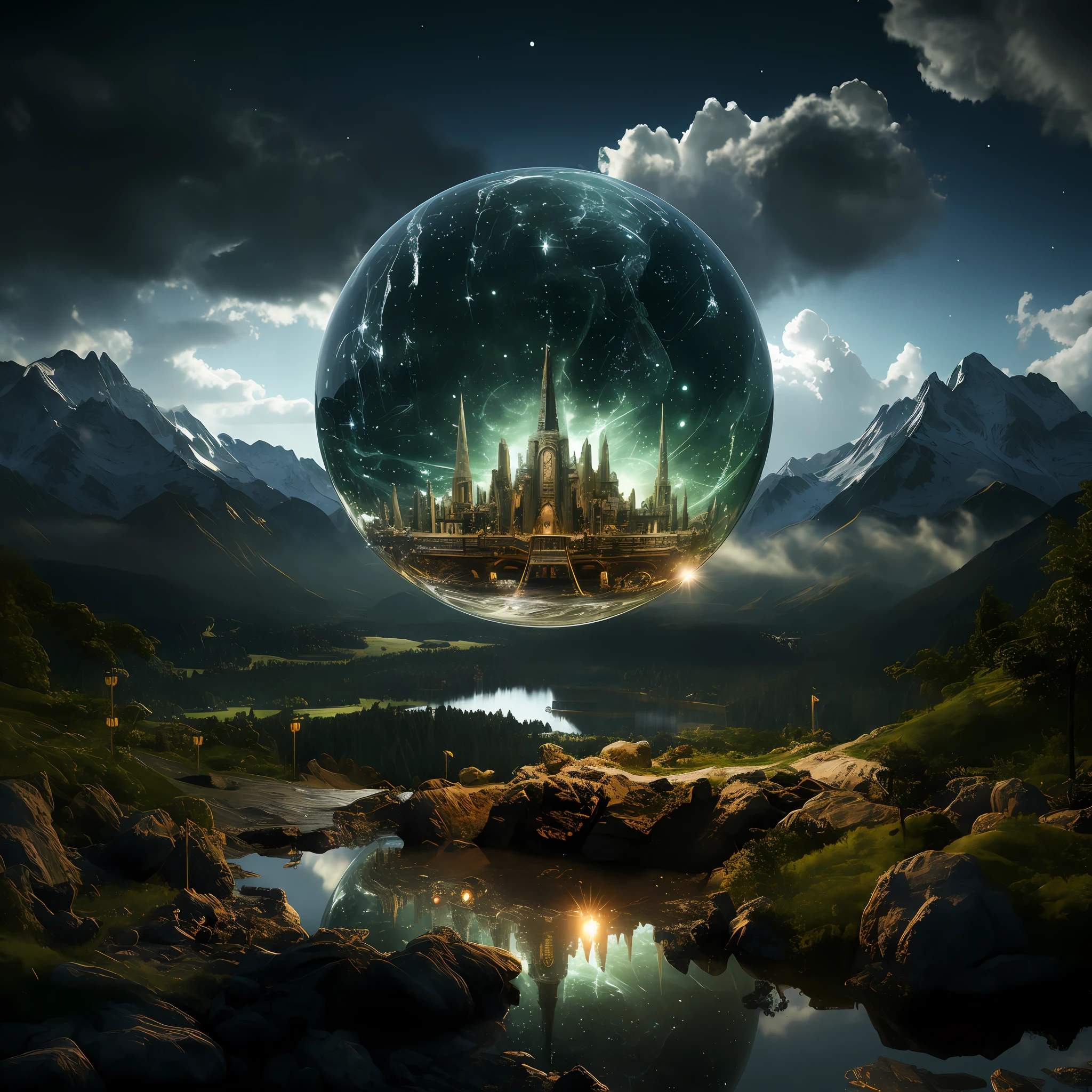 there is a large green sphere with a city in it, matte painting in fantasy style, 4k highly detailed digital art, 3 d render and matte painting, in fantasy sci - fi city, sci-fi fantasy wallpaper, photo of a dyson sphere, futuristic utopian fantasy, sci-fi fantasy desktop wallpaper, 8 k matte painting, 8k matte painting