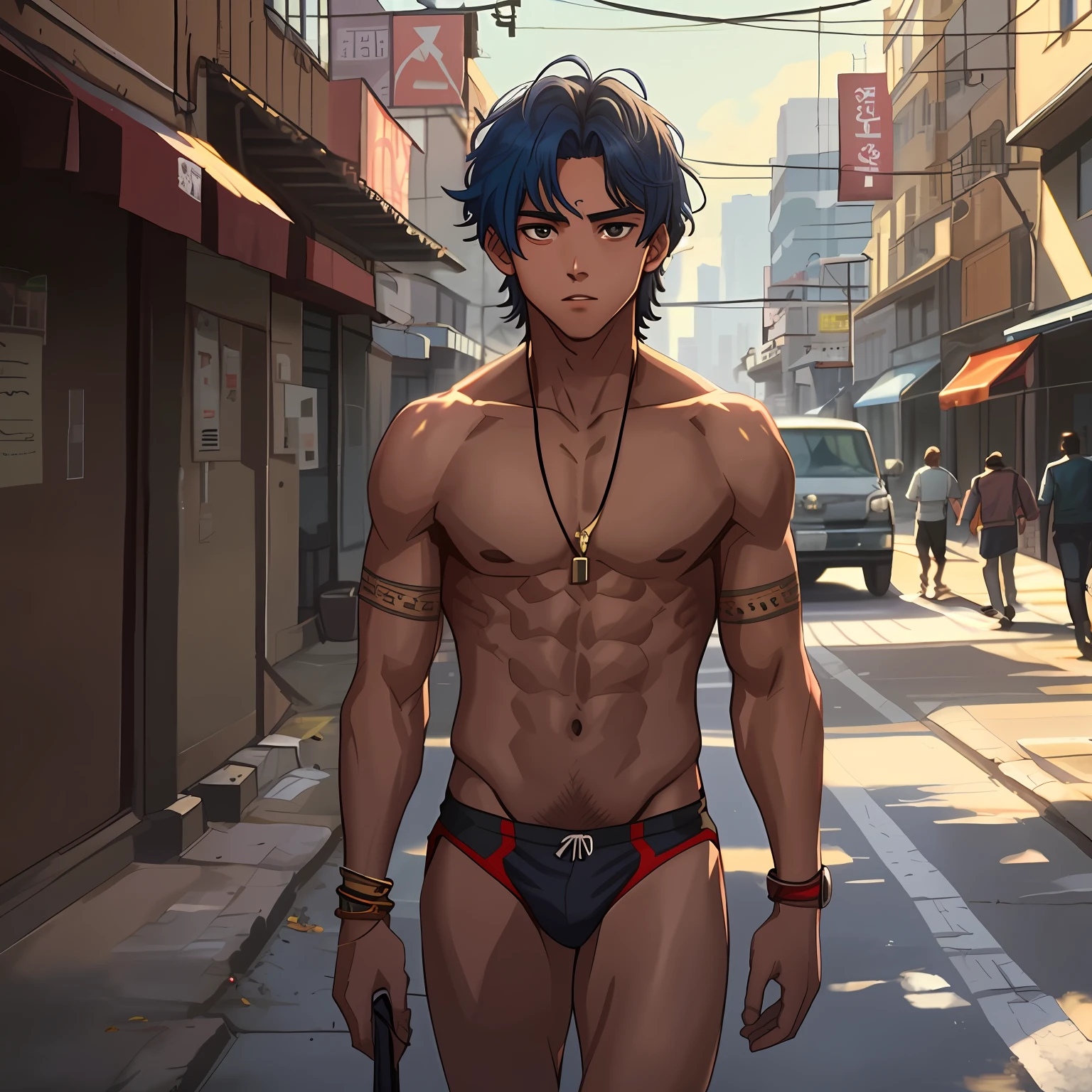 desde atras, From straight blue hair to looking at a city with its back to the viewer -yeld maas no shirt has a naked torso his hair is straight long coppery latin skin mestizo face, tiene traje tribal africano esta en el tejado de la secundaria mirando una cercana ciudad mira con miedo pensativo, (tercer plano cuerpo completo(tercer plano)A 15-year-o booking the city turns his back to the shirtless camera with long blue hair and mestizo brown skin rasgoz stands on the fifth floor on the roof of the high school looking at a city in the distance................