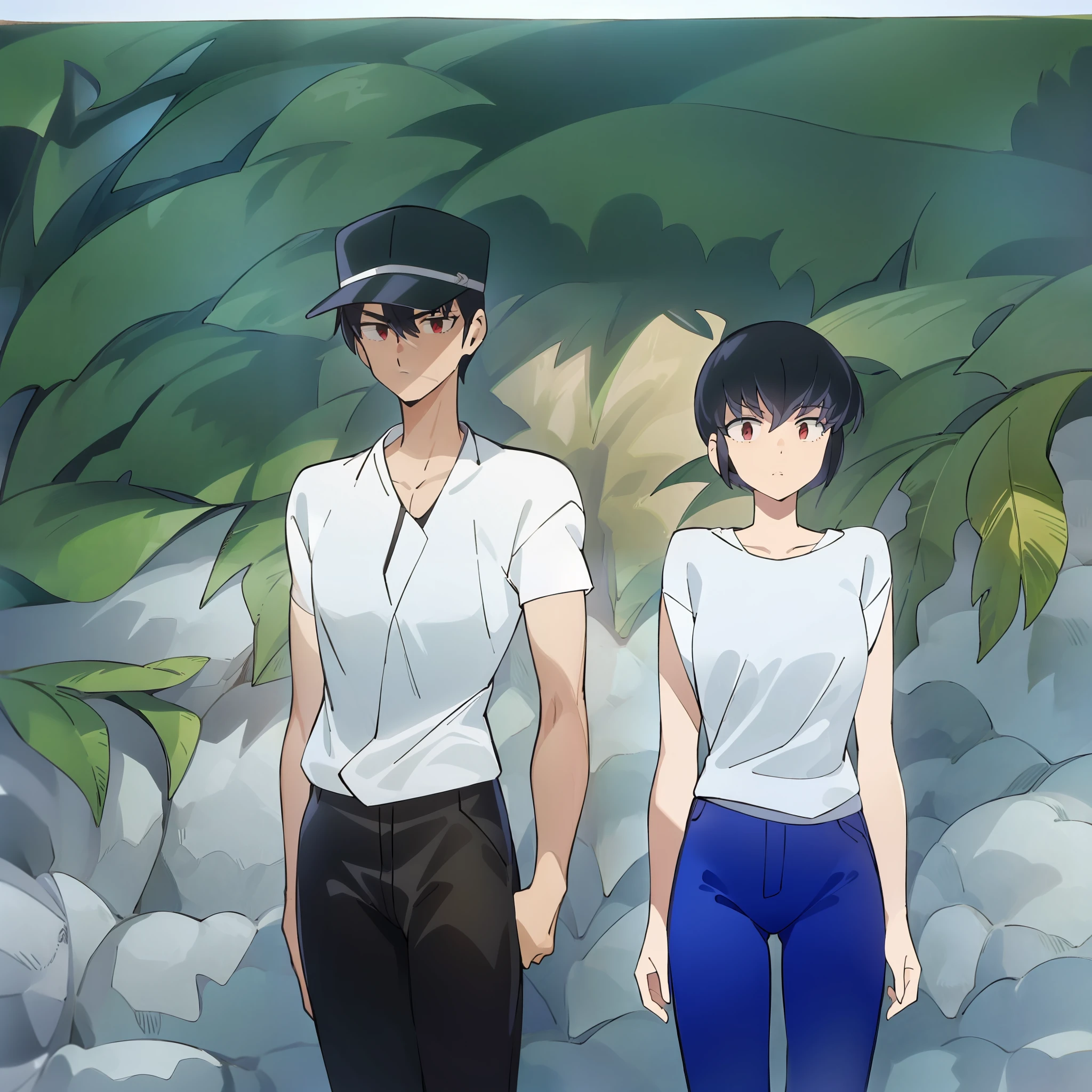 Couple walking along the coast、Man in uniform wearing school hat、Woman is a short-haired boyish girl in white t-shirt and jeans、Girls look embarrassed、Men's faces are shaded and invisible