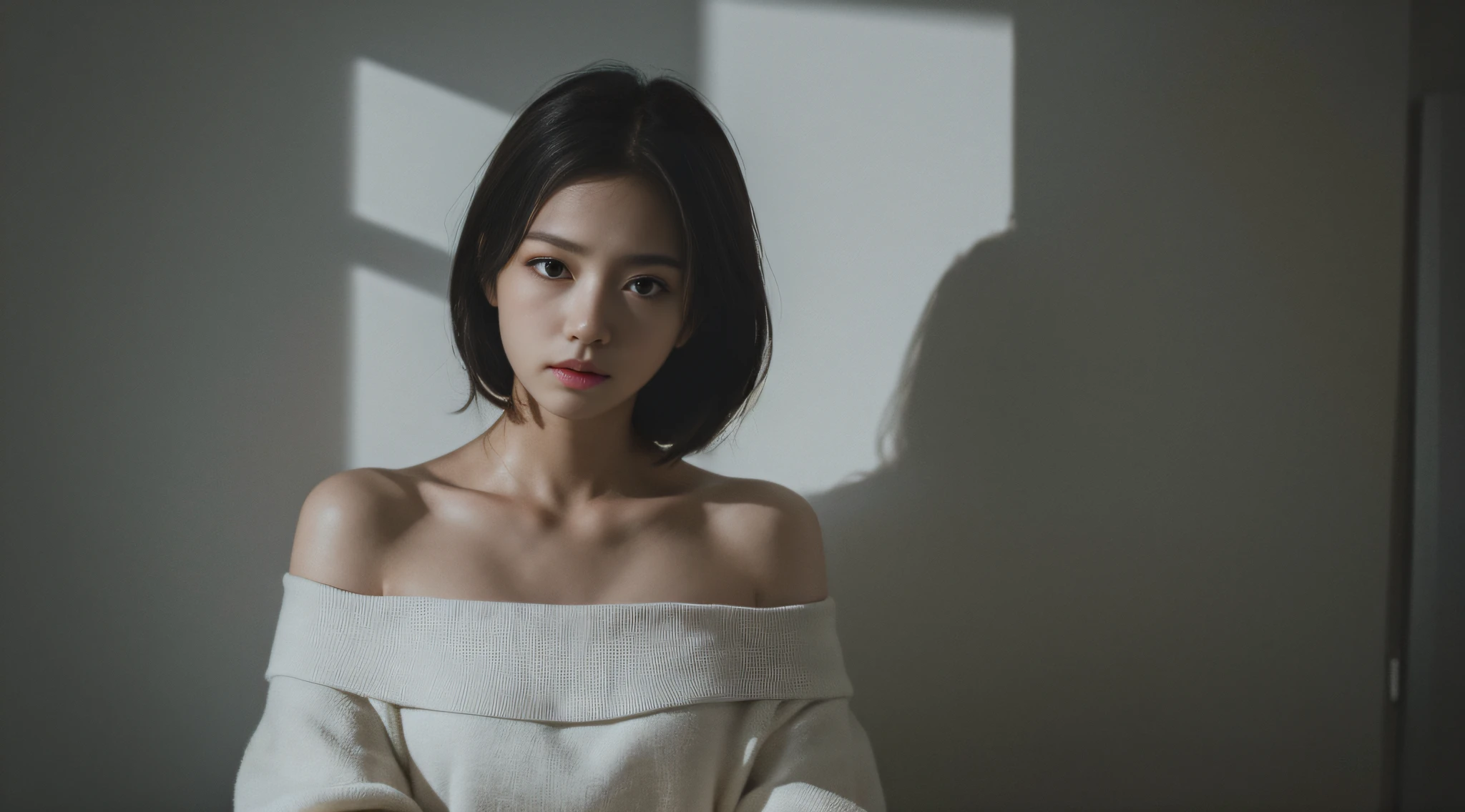 Best quality, masterpiece, ultra high res, (photorealistic:1.4), raw photo, 1girl, offshoulder, in the dark, deep shadow, low key, cold light --auto