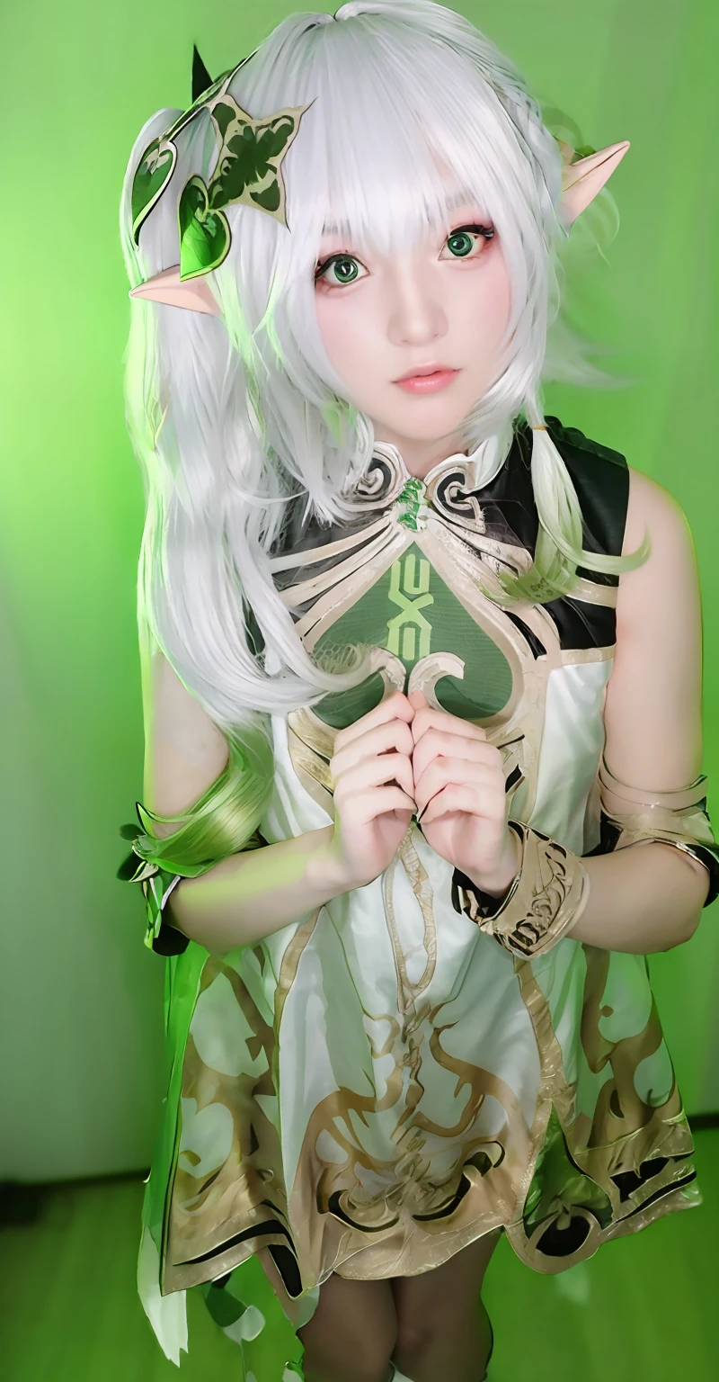 (photo realistic:1.35),(ulzzang-6500:0.65), masterpiece, best quality, detailed, pointy_ears, elf, 1girl, green_background, solo, hair_ornament, long_pointy_ears, green_eyes, long_hair, dress, realistic