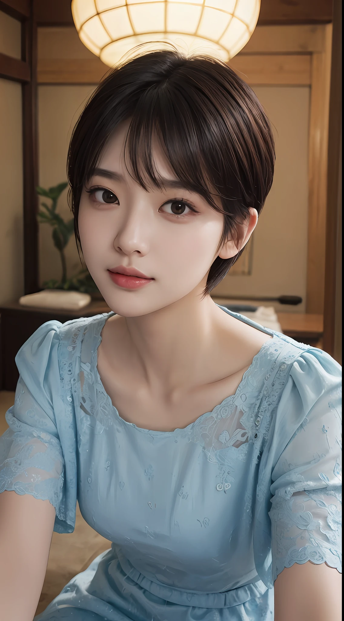 masterpiece、The highest image quality、hightquality、Beautuful Women、japanes、Popular Korean Makeup、detaileds、Swollen eyes、A detailed eye、Detailed skin、Beautiful skins、超A high resolution、(Realistis:1.4)、very extremely beautiful、Slightly younger face、Beautiful skins、thin-waist、(A hyper-realistic)、(illustratio)、(hight resolution)、(8K)、(ighly detailed)(The best illustrations)、(beautifully detailed eyes)、(ultra-detailliert)、(wall-paper)、(详细的脸)、looking at the viewers、fine detailed、 A detailed face、pureerosfaceace_v1、a smile、Looking straight ahead、photos realistic、Bright lighting、profetional lighting、Colorful hair color、(((very_short_hair)))、brightly lit room、painterly、picture frame