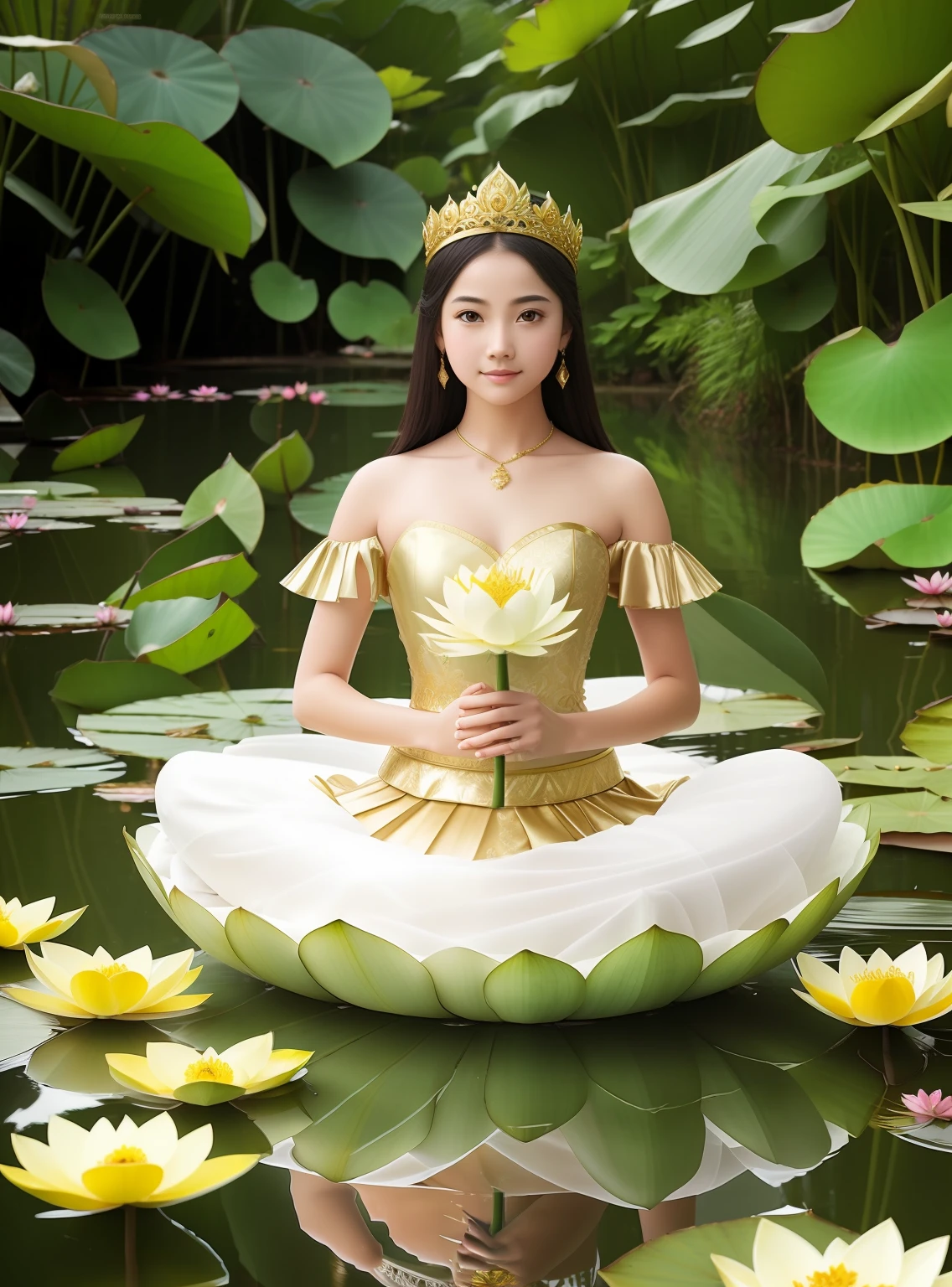 Beautiful -yeld press sitting on a giant lotus flower,Wearing a delicate gold crown,Lotus in hand,Barefoot on both feet,Such as out of the water hibiscus,The corners of the mouth are slightly upturned,Look at the camera with a gentle expression,Gorgeous and noble costumes,Clear pool water,A fairyland-like world of lotuses,Clean picture,Pure and stain-free,Clean,stately,opulent,Pure Land,8k 壁纸,Amazing Cleavage,tmasterpiece,Goddess of wealth,Venerable goddess,Beautiful dream world,Magical fantasy,