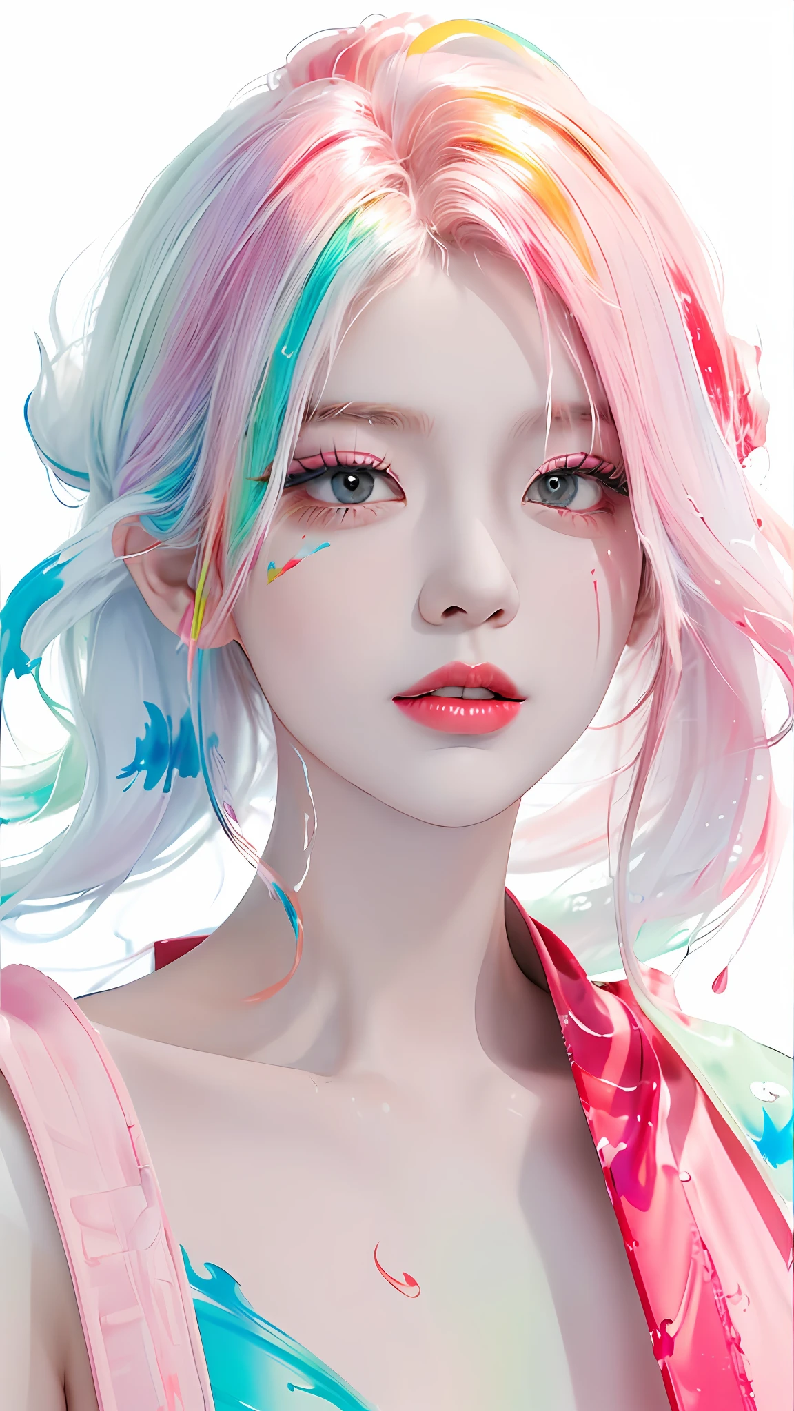 (Masterpiece, Best Quality, High Resolution), White Background, ((Paint Splash, Color Splash, Splash of Ink, Color Splash)), Sweet Chinese Girl, Rainbow Hair, Pink Lips, Front, Upper Body