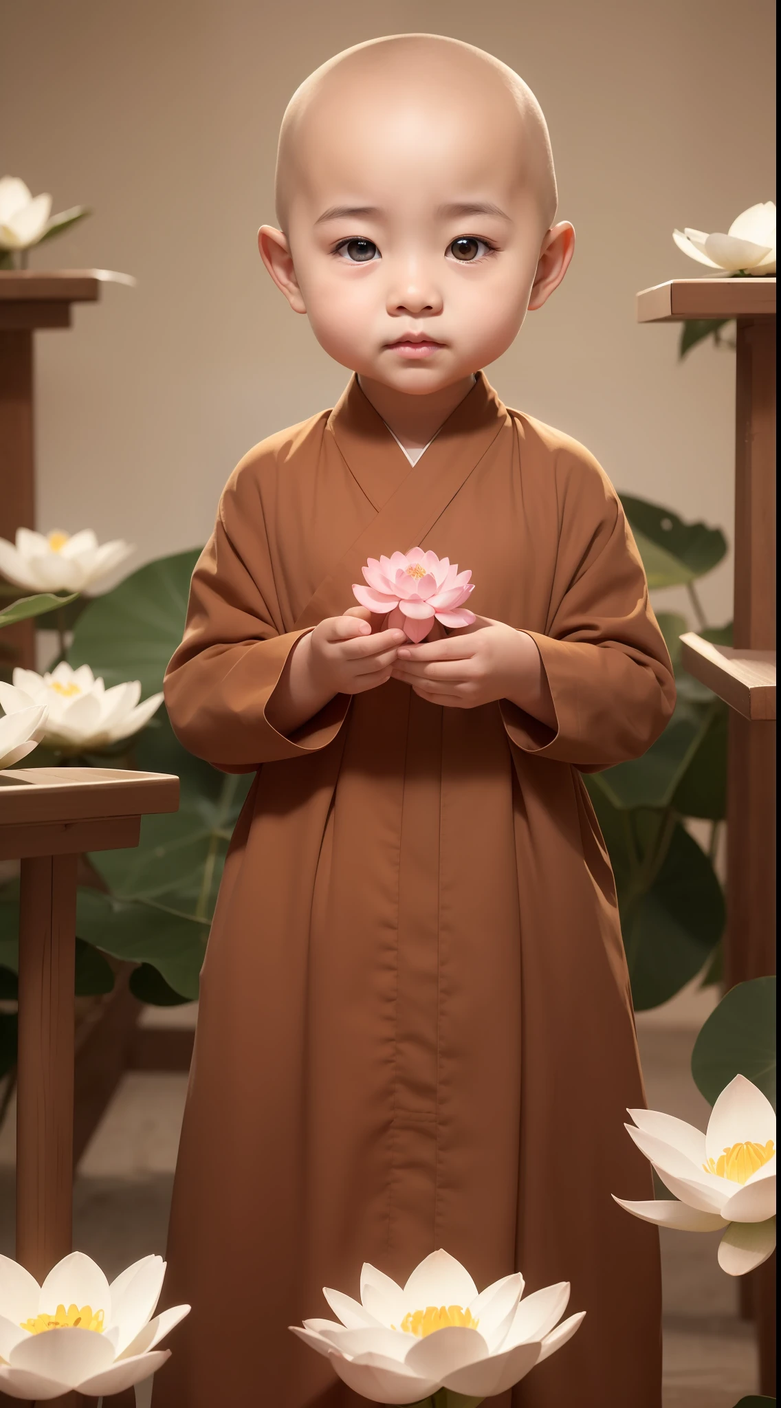 depth of fields,Highest image quality,(tmasterpiece),(Beautiful CG rendering),((Super cute 1 little monk)),(rounded facial features),bald-headed,Fleshy little hands,holds a lotus flower,ssmile,naïve,(mesmerizing eyes),8k,(super exquisite details),Simple monk robes,(Little Shota)