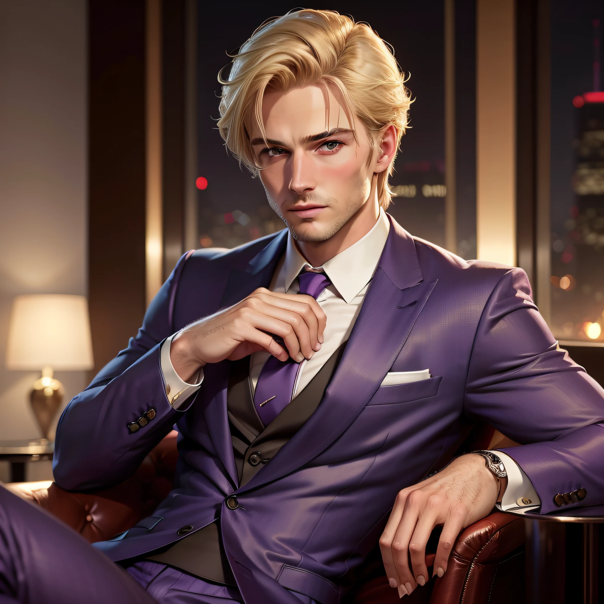 blond hair man in purple suit, head shot, looking at the camera, wearing Armani suites 50 year old man , at open bar, hotel lounge, drinking red wine, in New York, attractive man, attractive male, short blond hair, high res, Italian man, handsome male, brown-eyed man, realistic, soft smile, dark lighting,