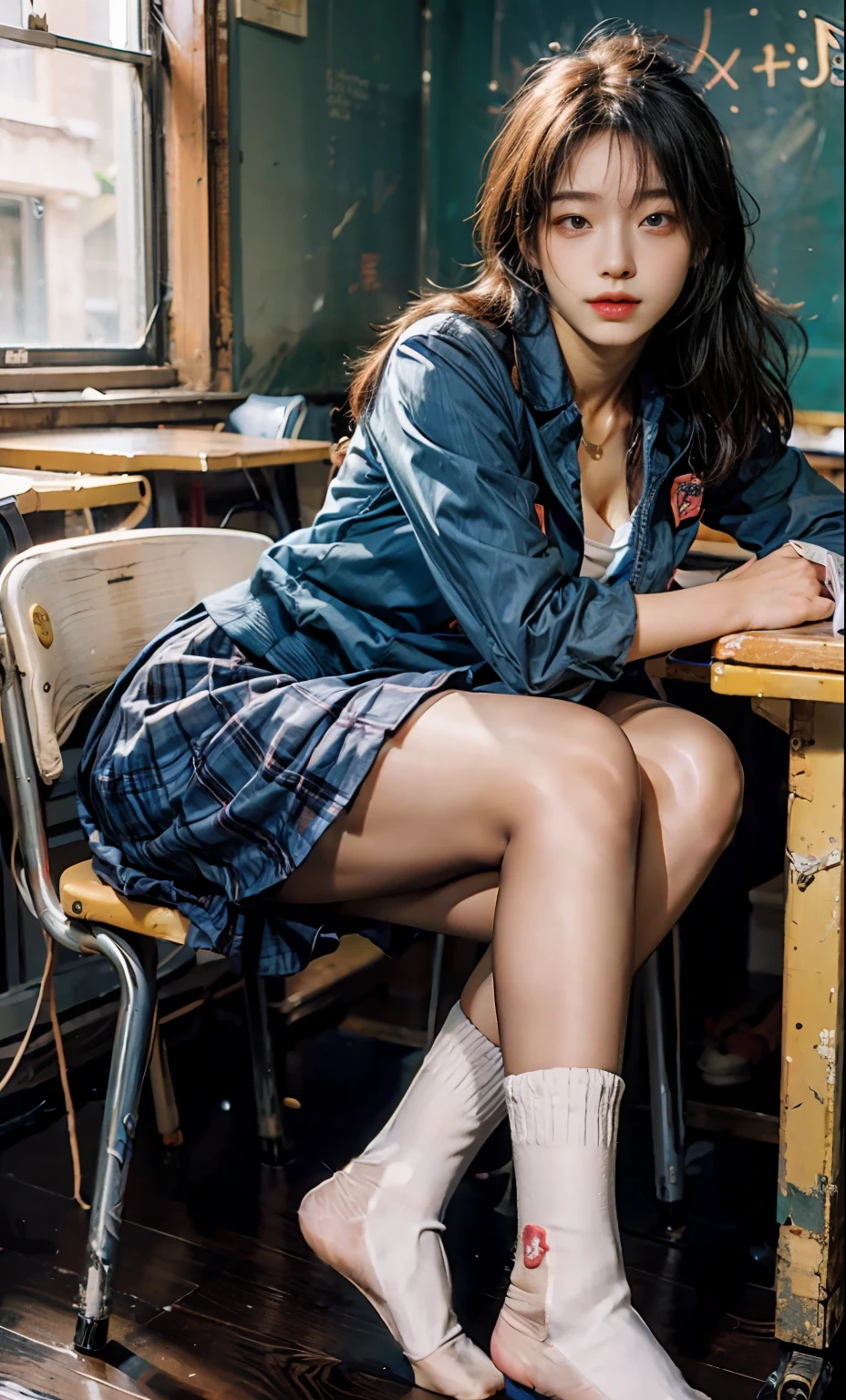 ulzzang-6500-v1.1,(raw photo:1.2), (photorealistic:1.4), Beautiful Meticulous Girl, very detailed eyes and faces, Beautiful detailed eyes, absurderes, unbelievable Ridiculous, hugefilesize, ultra - detailed, A high resolution, The is very detailed，best qualtiy，tmasterpiece，kemomimi，((high school school uniforms))，illustratio，The is very detailed，CG，unified，8k 壁纸，Amazing Cleavage，finely detailled，tmasterpiece，best qualtiy，The is very detailed的 CG unified 8k 壁纸，light in face，cinmatic lighting, 1girl, ,，(long  skirt)，(A half body)，((Short socks))，((Sit in the classroom)