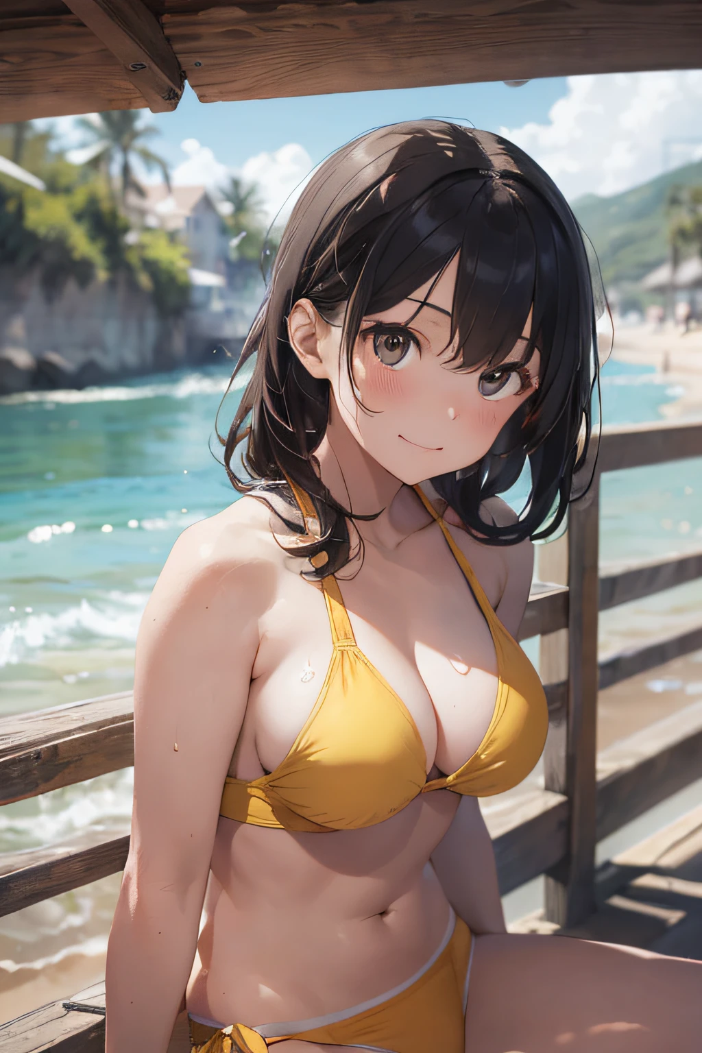 High resolution,
One beautiful young woman,
(soft saturation: 1.3), (fair skin: 1.2),
(ultra-detailed background, detailed background), bokeh,
Portrait of smiling girl breaking. When viewed from the front, the composition is symmetrical.
Look straight at you with serious eyes and break
yellow swimsuit, yellow bikini, middle breast,
outdoor, sea surface, sky, sunshine, summer beach, sand,
strong light, front light,
(ager: 1.3), (Cowboy Shot: 1.2), Break
angle from the front,
Look at the viewer,
Dynamic Pose,
Sitting on the beach
Wakame, wakame, wakame, wakame, wakame, wakame, wakame,