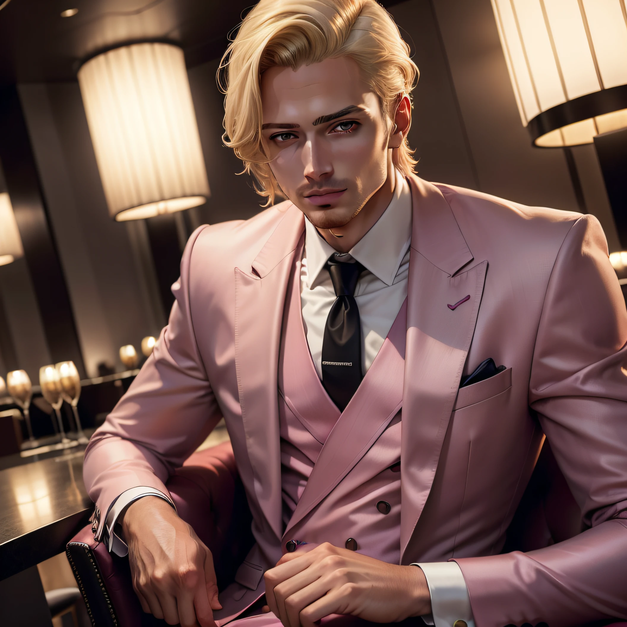 blond hair man in pink suit, head shot, looking at the camera, wearing Armani suites 40 year old man , at open bar, hotel lounge, drinking red wine, in New York, attractive man, attractive male, short blond hair, high res, Italian man, handsome male, brown-eyed man, realistic, soft smile, dark lighting,