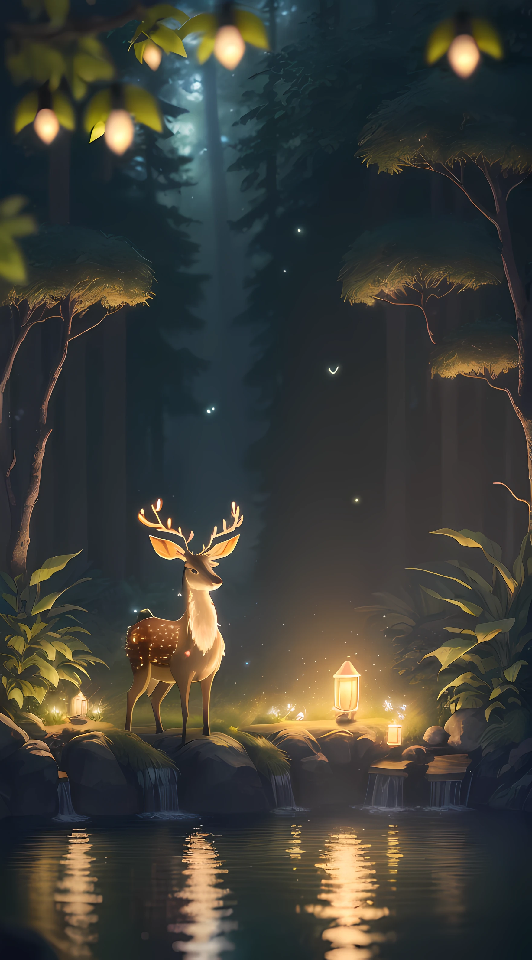 Masterpiece, best quality, (very detailed CG unity 8k wallpaper), (best quality), (best illustration), (best shadows), glow sprite, with a glowing deer, in the swimming pool Drinking water, natural elements in the forest theme. Mysterious forest, beautiful forest, nature, surrounded by flowers, delicate leaves and branches surrounded by fireflies (natural elements), (jungle theme), (leaves), (twigs), (fireflies), (particle effects) etc. 3D , Octane rendering, ray tracing, super detailed