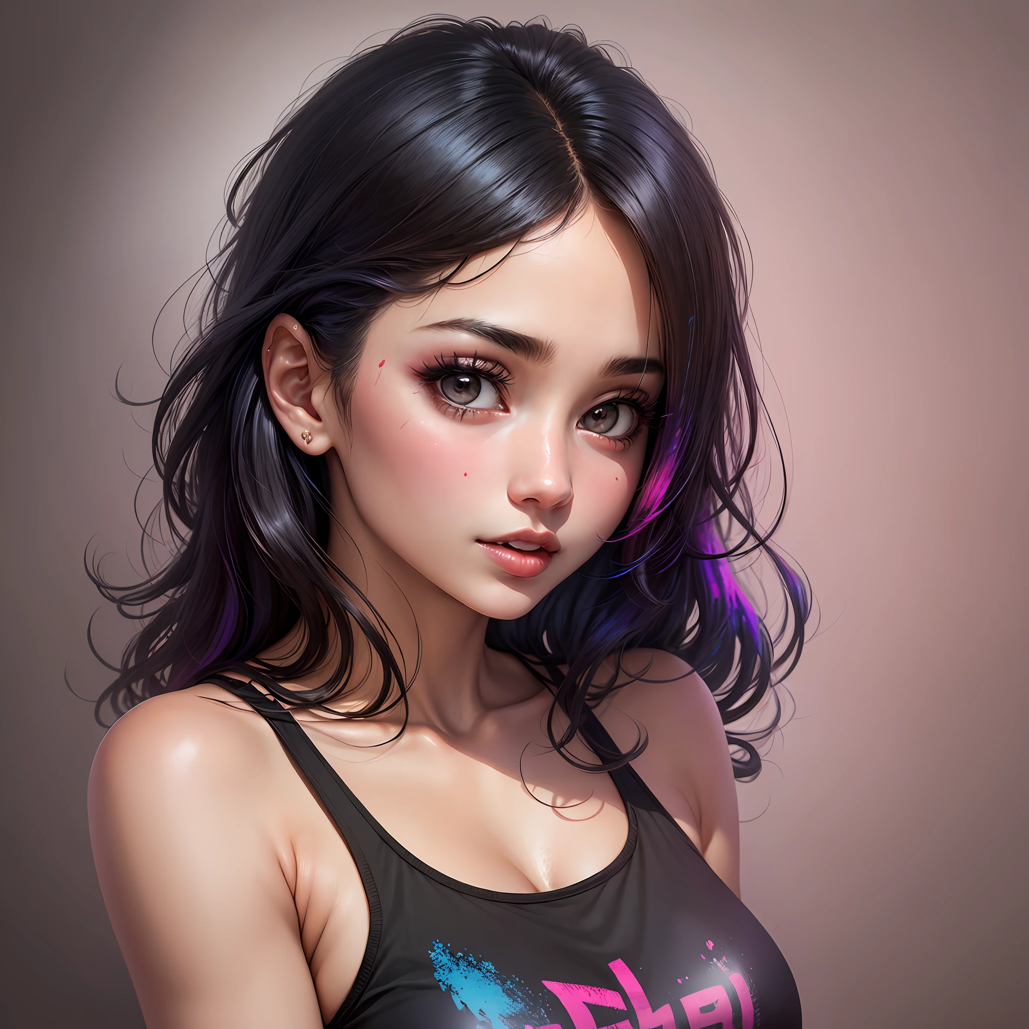 a beautiful girl, celebrating Holi, 20yo, perfect slim body, sexy, dark eyes, black hair, small chin, full of colors on cheek, gulal, color powder, color splash, tank top, big boobs, nipples --auto --s2