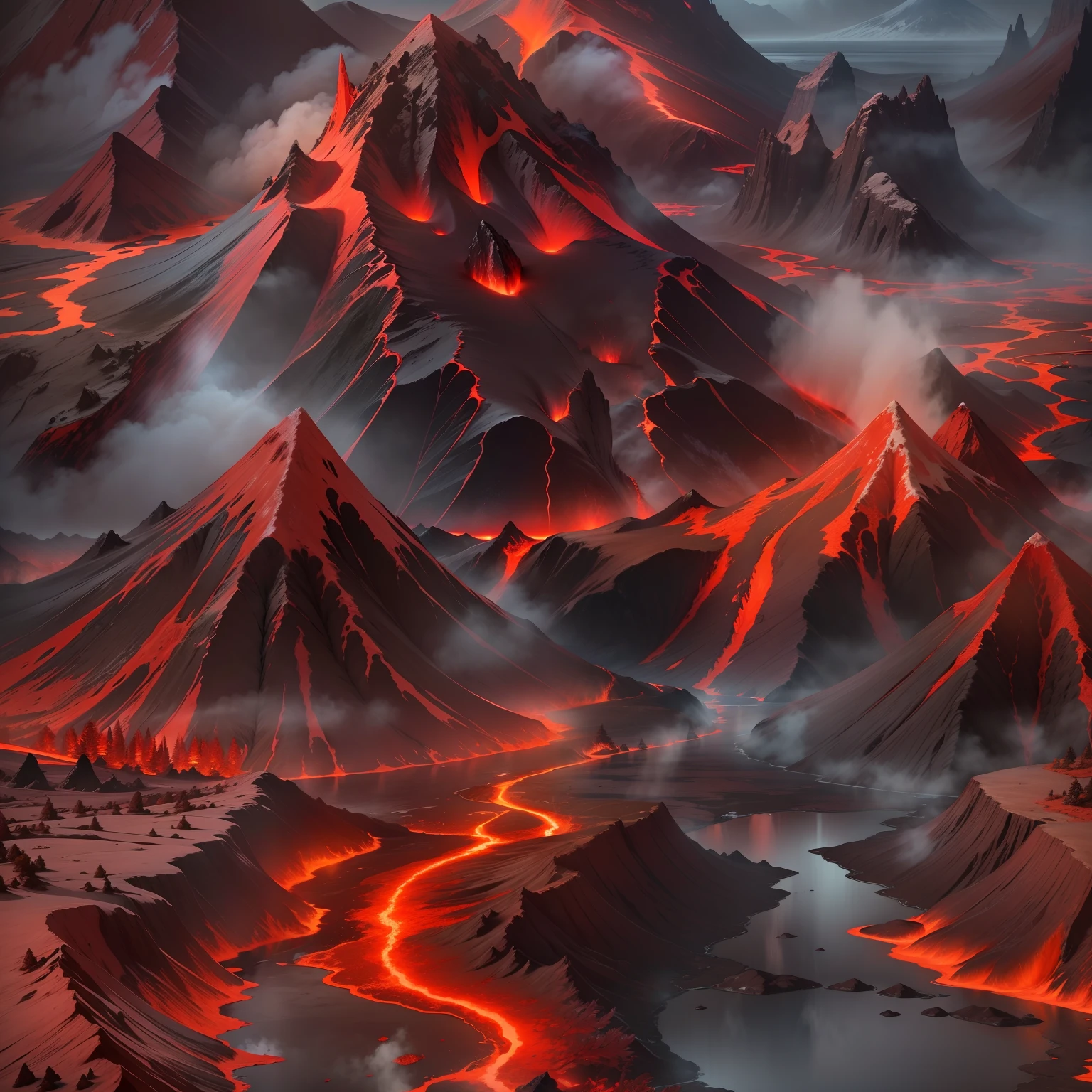Gray sky。A volcano flowing with red lava。Woods covered with volcanic ash。A huge lake,Brilliant and colorful reflections。8k,Photorealistic realism,Top-notch photography angle,high detal,complexdetails,UHD,best qualtiy,(master pieces)