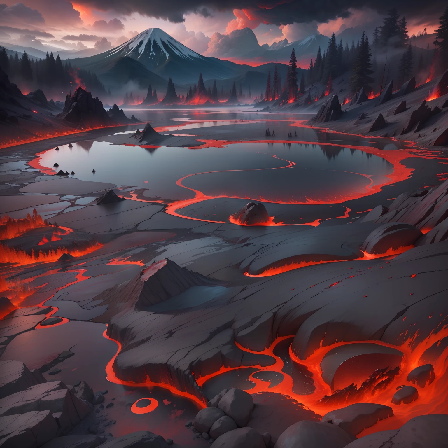 Gray sky。A volcano flowing with red lava。Woods covered with volcanic ash。A huge lake,Brilliant and colorful reflections。8k,Photorealistic realism,Top-notch photography angle,high detal,complexdetails,UHD,best qualtiy,(master pieces)