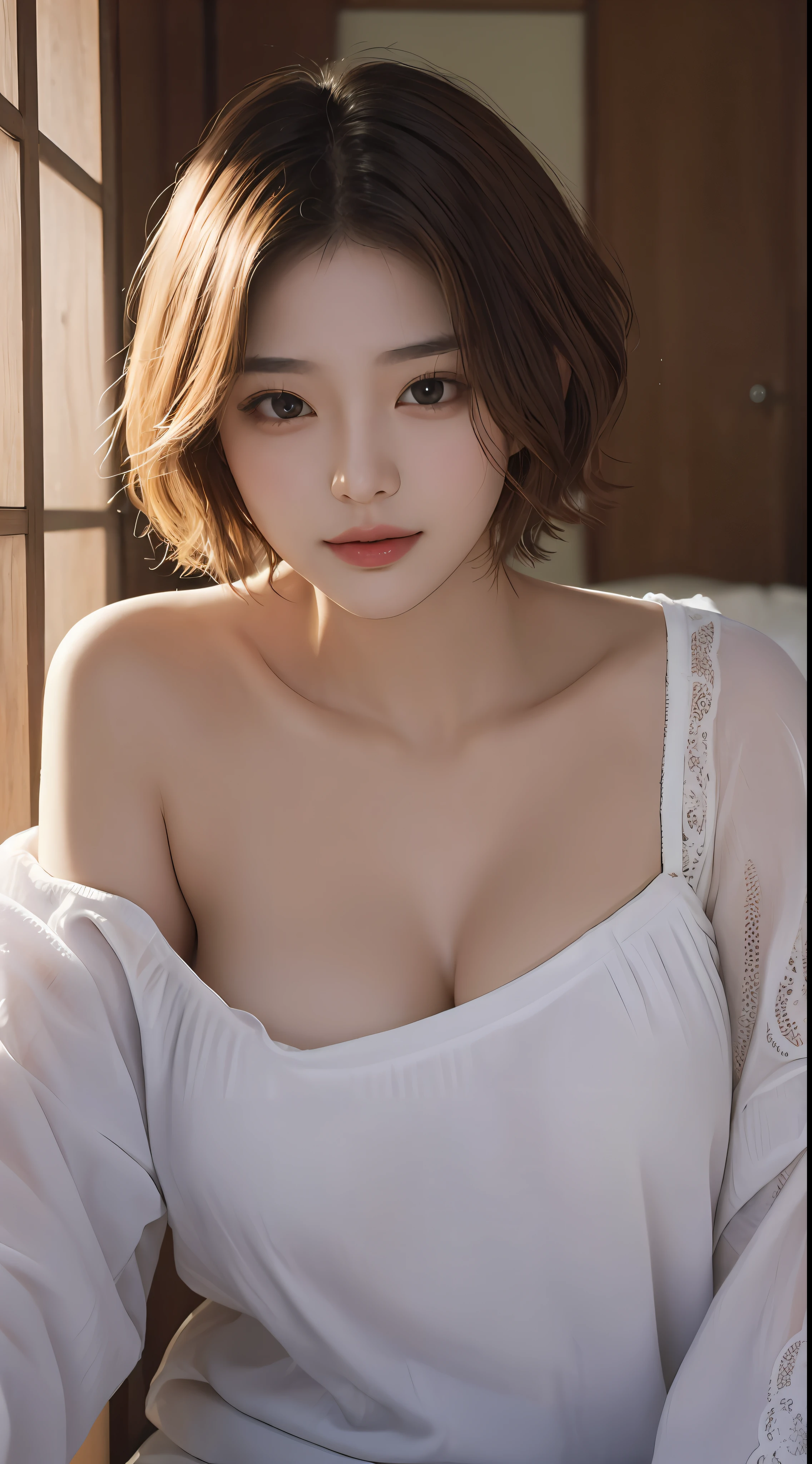 masterpiece、The highest image quality、hightquality、Beautuful Women、japanes、Popular Korean Makeup、detaileds、Swollen eyes、A detailed eye、Detailed skin、Beautiful skins、超A high resolution、(Realistis:1.4)、very extremely beautiful、Slightly younger face、Beautiful skins、thin-waist、(A hyper-realistic)、(illustratio)、(hight resolution)、(8K)、(ighly detailed)(The best illustrations)、(beautifully detailed eyes)、(ultra-detailliert)、(wall-paper)、(详细的脸)、looking at the viewers、fine detailed、 A detailed face、pureerosfaceace_v1、a smile、Looking straight ahead、photos realistic、Bright lighting、profetional lighting、Colorful hair color、(((very_short_hair)))、brightly lit room、painterly、picture frame