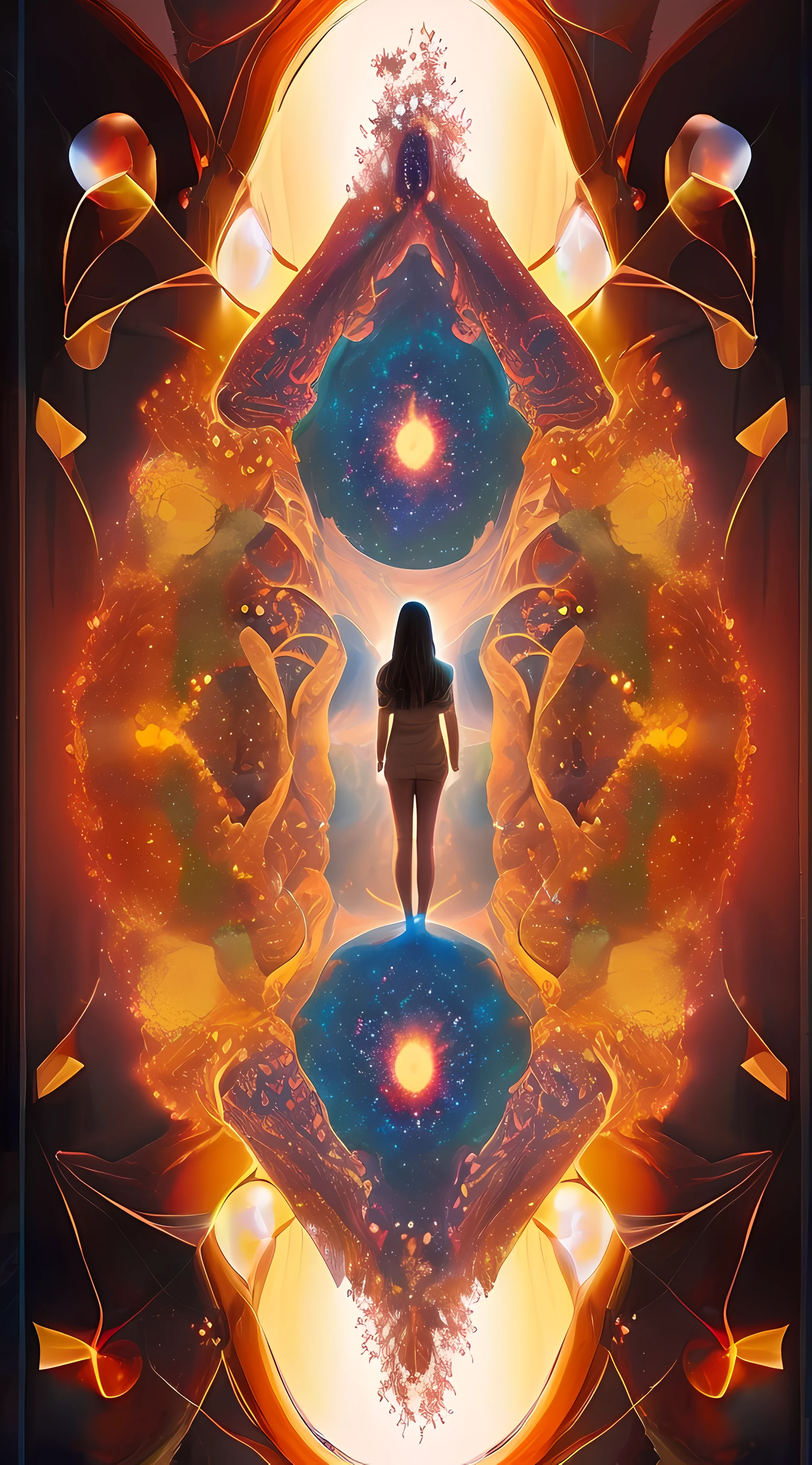 Beautiful symmetrical full body photo painted in oil with thick brushstrokes and wet paint, Fibonacci, golden ratio, melted wax, visible brushstrokes, surrounded by crystal spheres, 3D tessellation wireframe, neural graphic, neurons, tree of life, color, love, passion, oil on canvas, thick brushstrokes, insanely detailed, 8k uhd, masterpiece, artstation, surreal