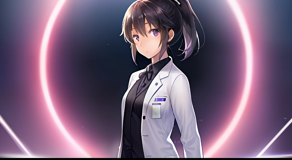 1girl, solo, cg art, sakaki, short ponytail hair, small to medium breast, purple eyes, (white pharmacist coat), (formal clothes), looking at viewer, limbo, all black, standing in front of portal, lighting