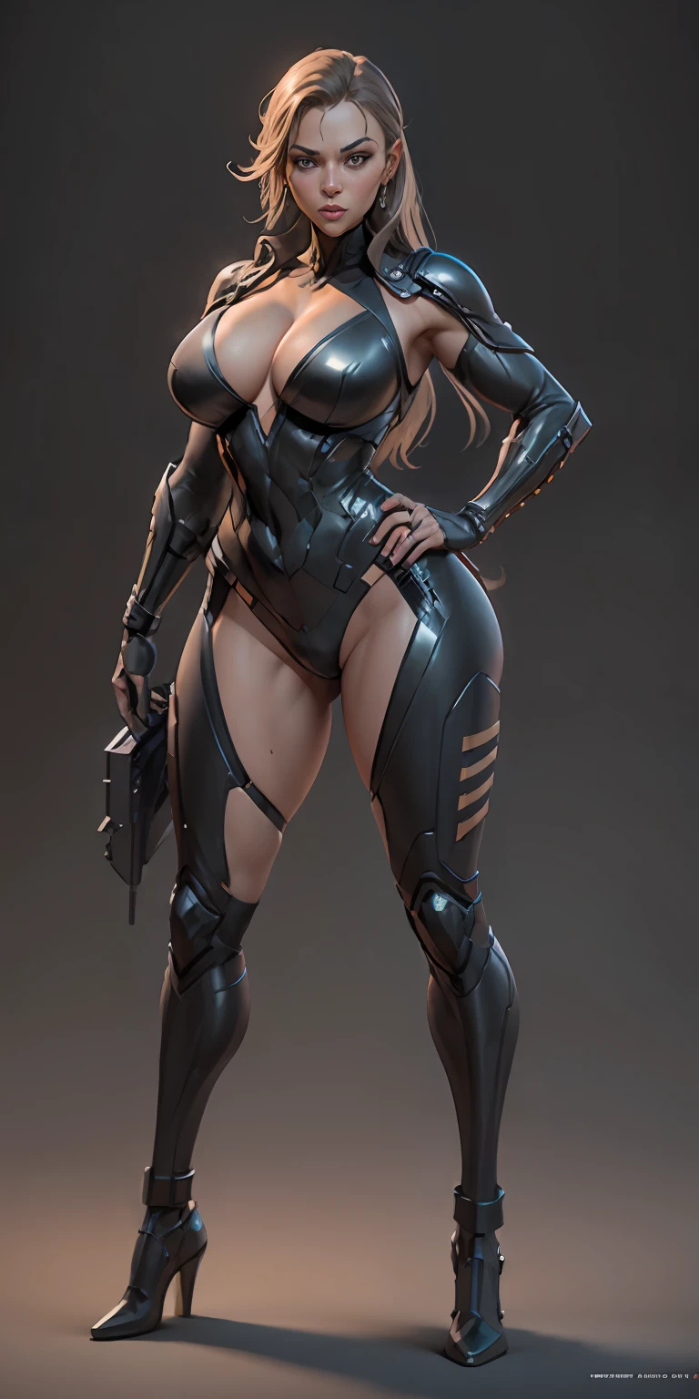 female Nick Fury from Marvel, big breasts, frontal, full-length, looking at the camera, facing the audience, standing pose, simple background, three-dimensional light, detailed full-body concept, sleek digital concept art, beautiful full-body concept art, art trend, CGsociety full-length,
