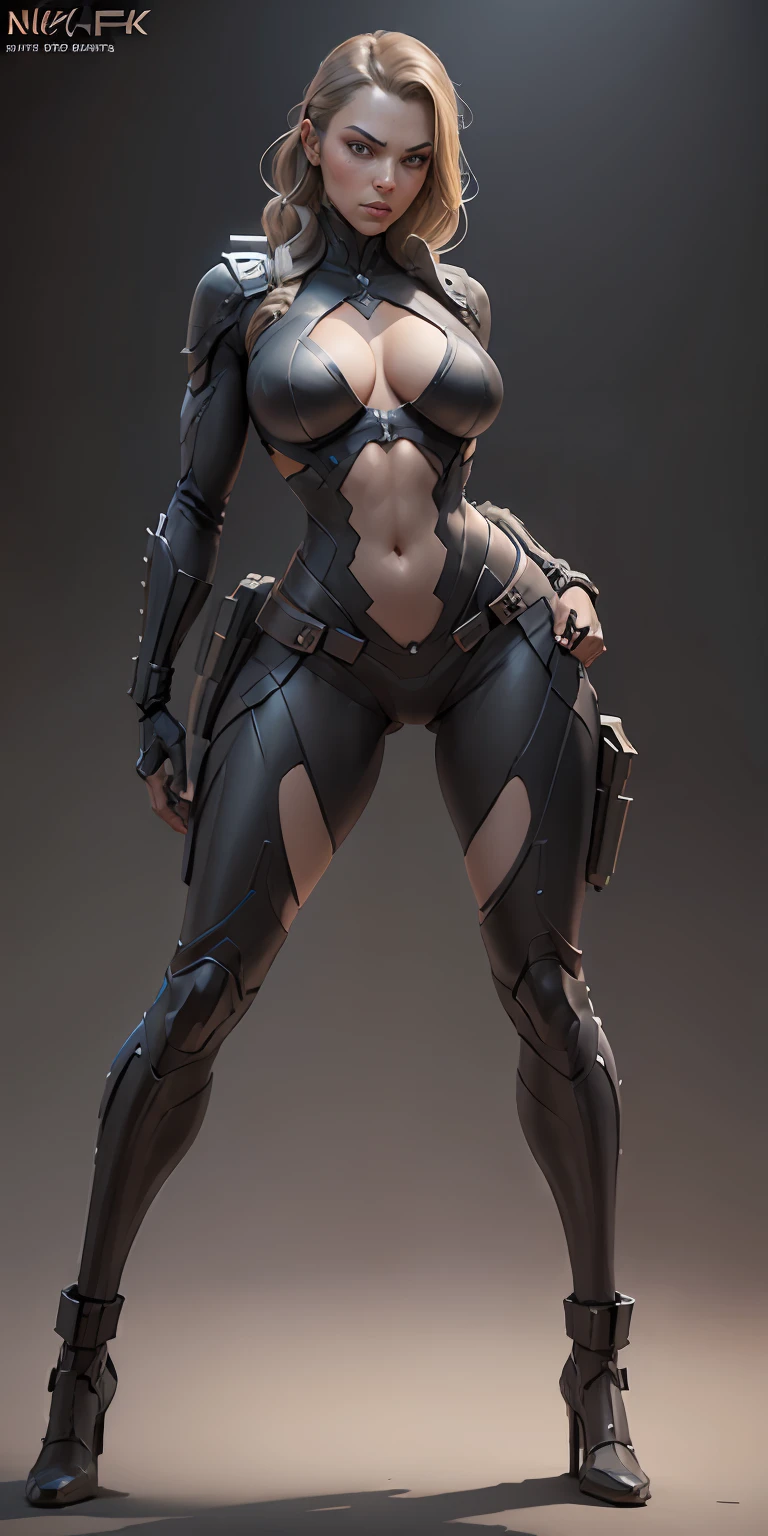 female Nick Fury from Marvel, big breasts, frontal, full-length, looking at the camera, facing the audience, standing pose, simple background, three-dimensional light, detailed full-body concept, sleek digital concept art, beautiful full-body concept art, art trend, CGsociety full-length,