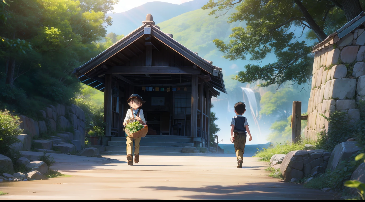 30s of the last century、Seven or eight years old、A young boy with、Childhood、brunette color hair、short detailed hair、exteriors、basket、Walk、setting in nature、Adventure exploration、curiosity、Energetic、great outdoors、rays of sunshine、ssmile、cheerfulness、Outdoor games。