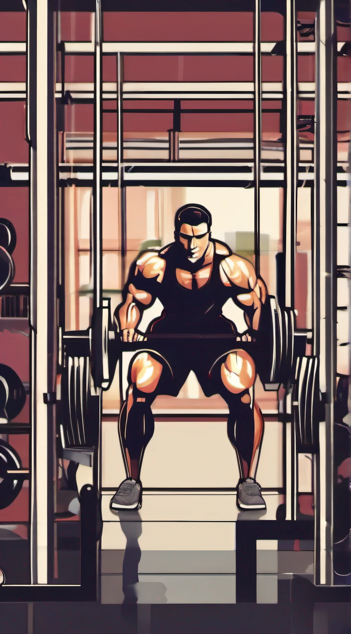 This fitness wallpaper shows a fit man doing weight training at the gym。He stood in front of an iron shelf，Hold a heavy barbell in both hands。His muscle lines are clearly visible，Sweat dripped from his forehead，Show his determination to work hard。In the background，Other equipment and exercisers in the gym are blurred against each other，It highlights the man's focus and perseverance。The main colors of the whole wallpaper are black and metallic，It gives a feeling of determination and motivation。