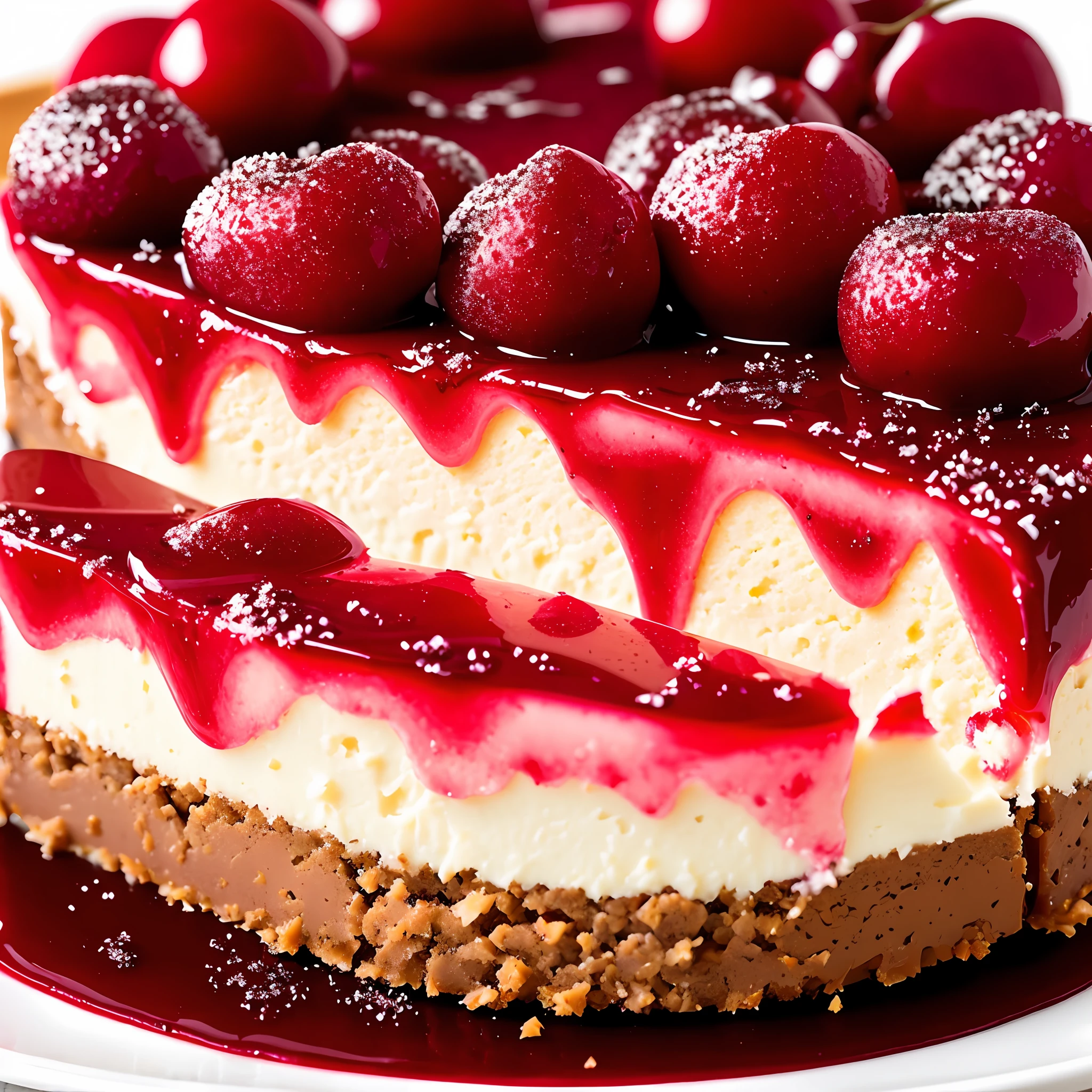 Appetizing slice of cherry cheesecake with chocolate, delicious, fragrant, detailed  professional photography and light, close-up