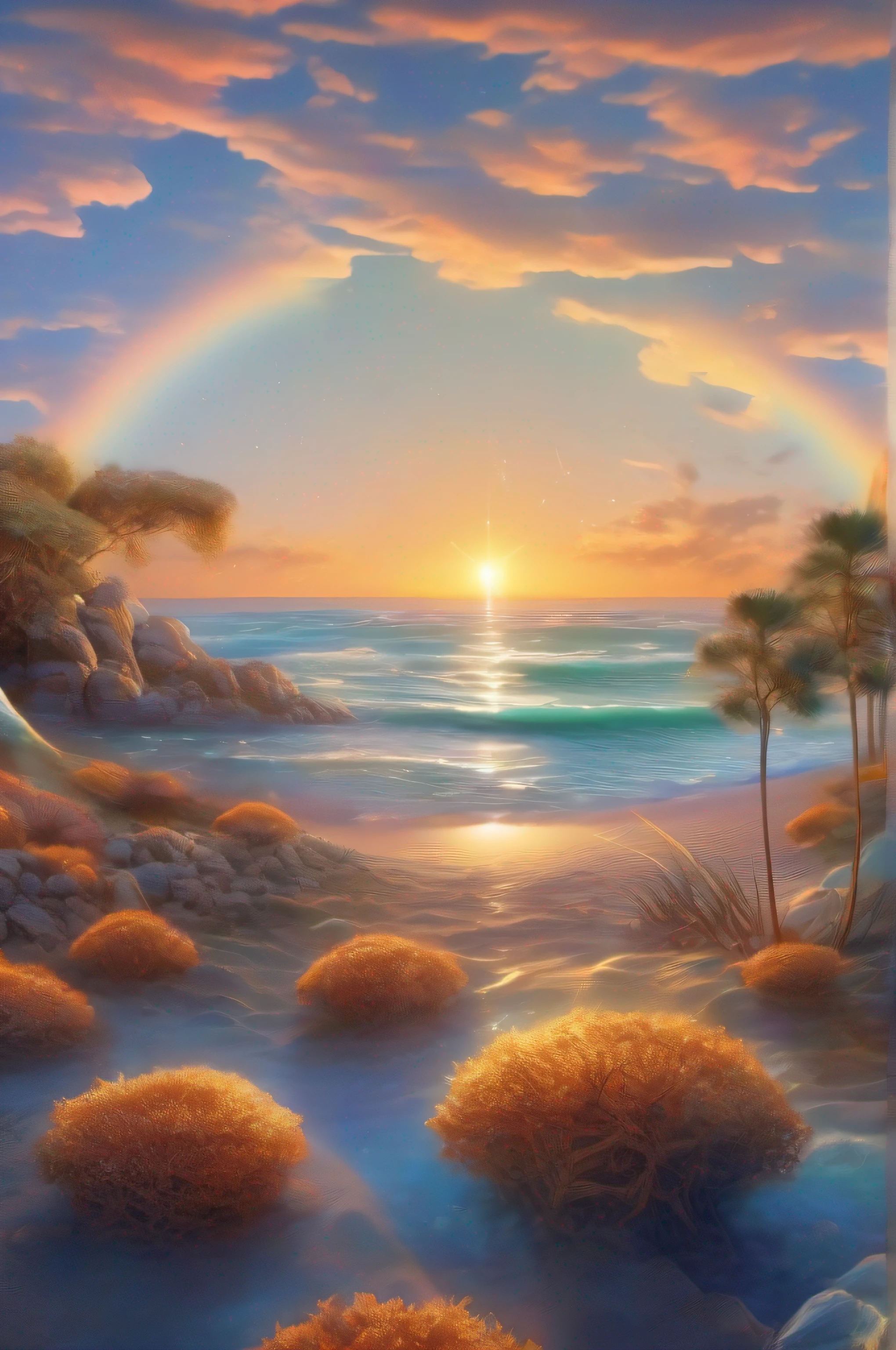 (8k wallpaper, .primitive, Photorealistic:1.25) ,( glossy side,, Best quality, Ultra-high resolution, Depth of field, color difference, Caustics, Special light) ,Iridescent color style,(dreamy and romantic compositions:1.5)，Bright style，晶莹剔透的❤️型石头，sandbeach，with light glowing，rays of sunshine,