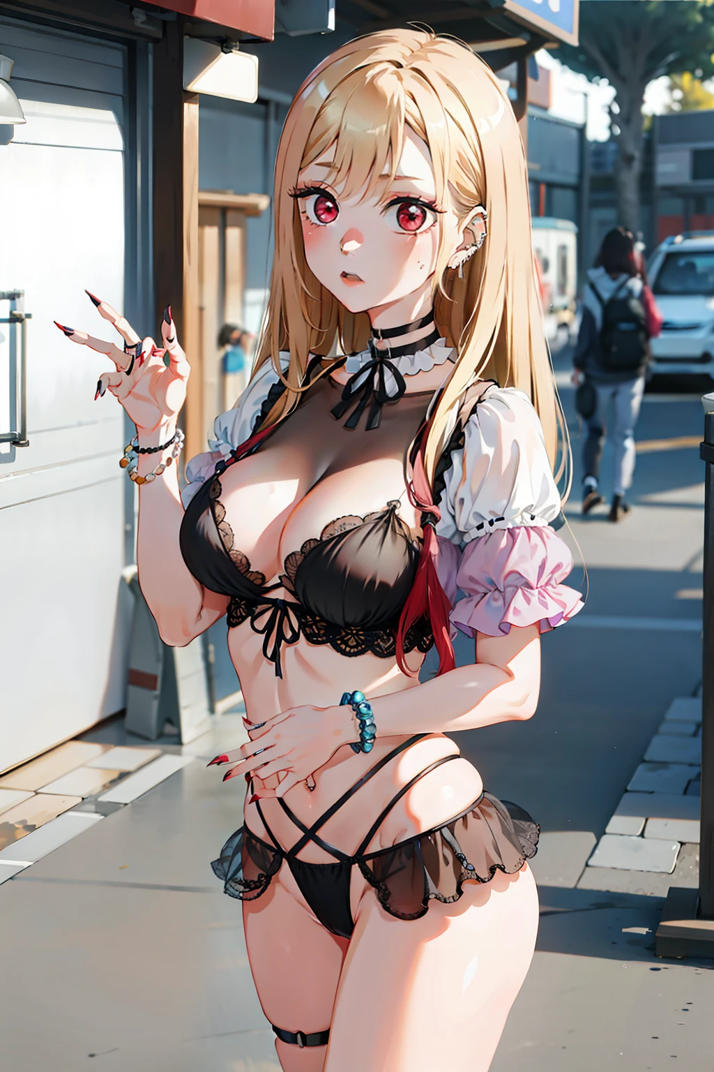 1girll， Marin Beichuan， long whitr hair， blond hairbl， red eyes， nipple piercing， 耳Nipple Ring， ear piercings， stud earring， a black choker， Bead bracelet， wrist scrunchie， long fingernails， gyaru， is shy， White head socks， （tmasterpiece：1.2）， high light， 8K， great clarity，Overlooking，Get wet，Clothing micro-see-through