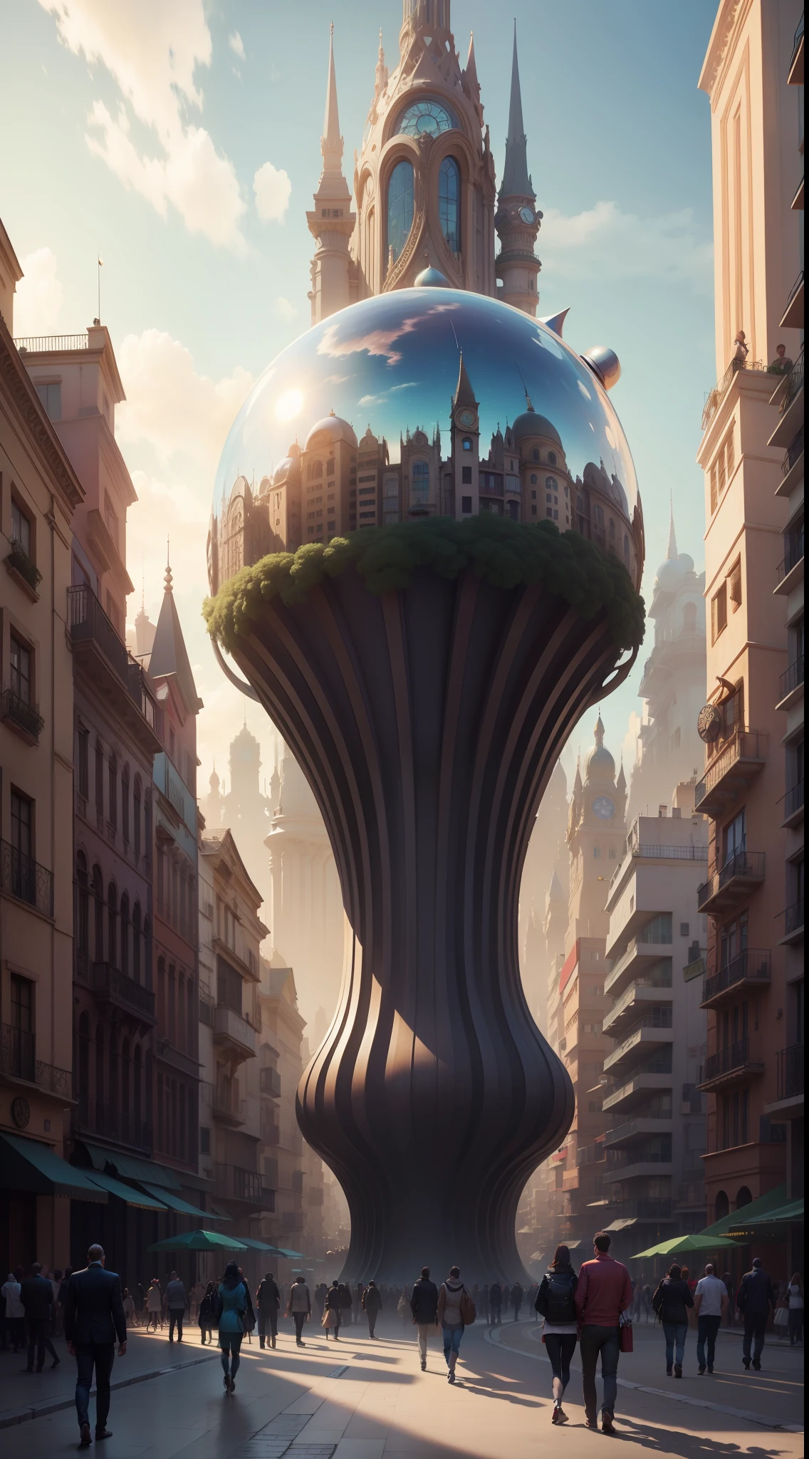 SURREALISTA CITY,MUCHA GENTE CON CABEZA DE CONO,Y MUCHOS TURISTAS DE OTRA DIMENSION LA GENTE SON SILLAS