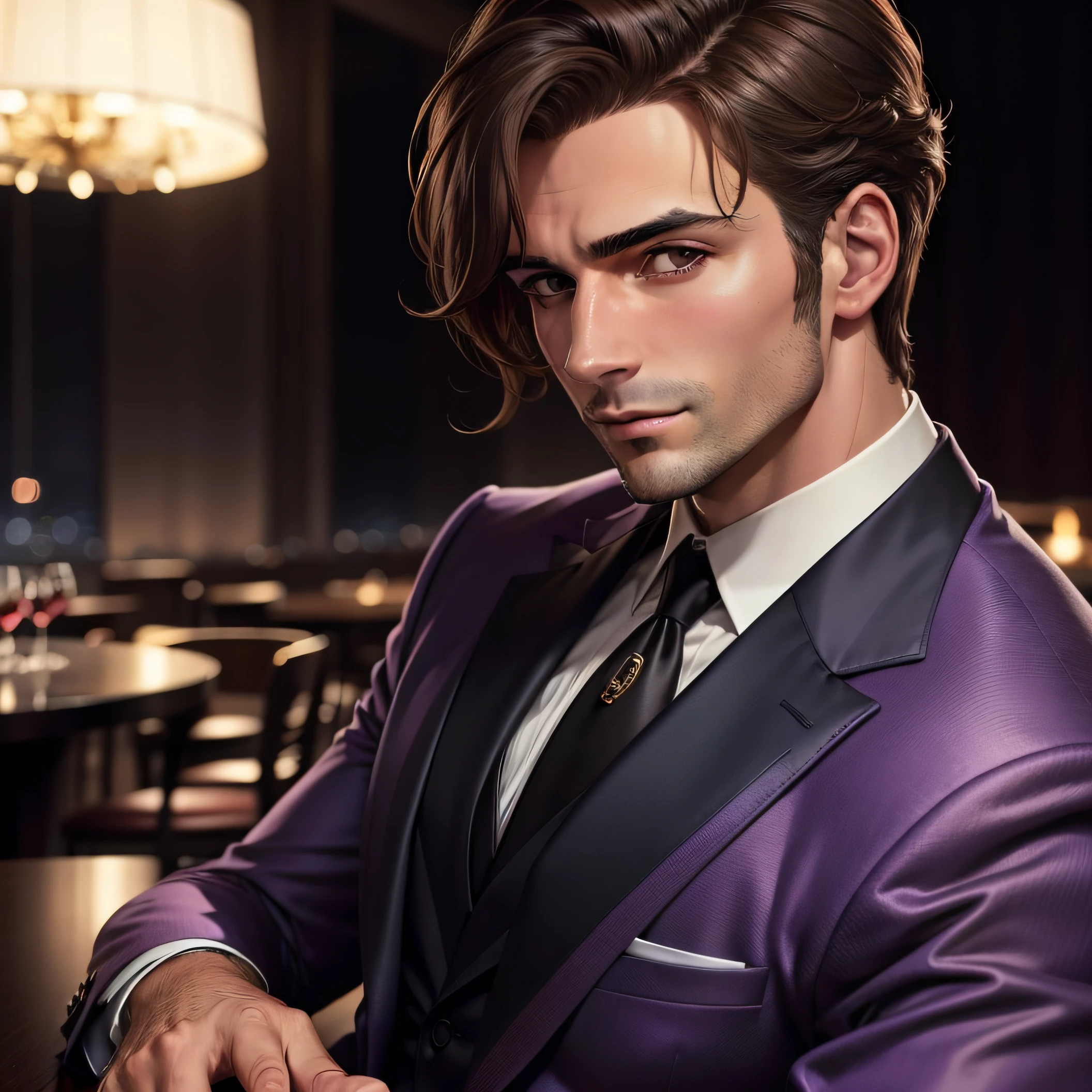 brown hair man in purple suit, head shot, looking at the camera, wearing Armani suites 50 year old man , at open bar, hotel lounge, drinking red wine, in New York, attractive man, attractive male, all back brown hair, high res, black man, handsome male, brown-eyed man, realistic, soft smile, dark lighting,