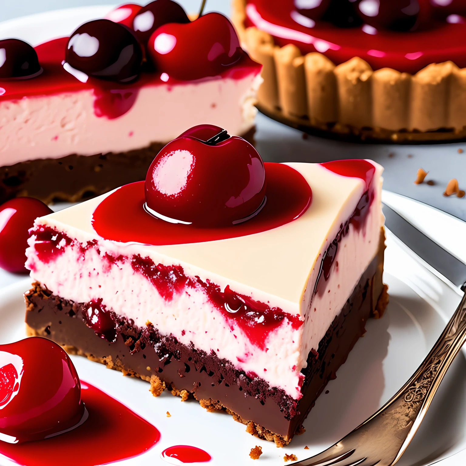 Appetizing slice of cherry cheesecake with chocolate, delicious, fragrant, detailed professional photography and light, close-up
