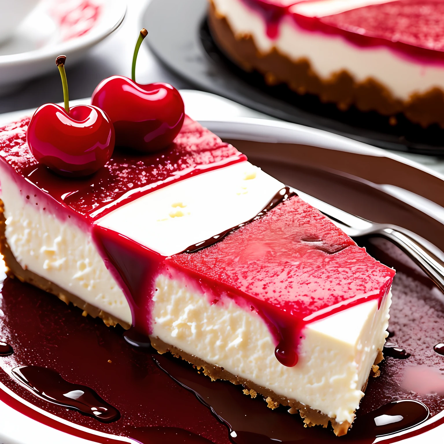 Appetizing slice of cherry cheesecake with chocolate, delicious, fragrant, detailed  professional photography and light, close-up