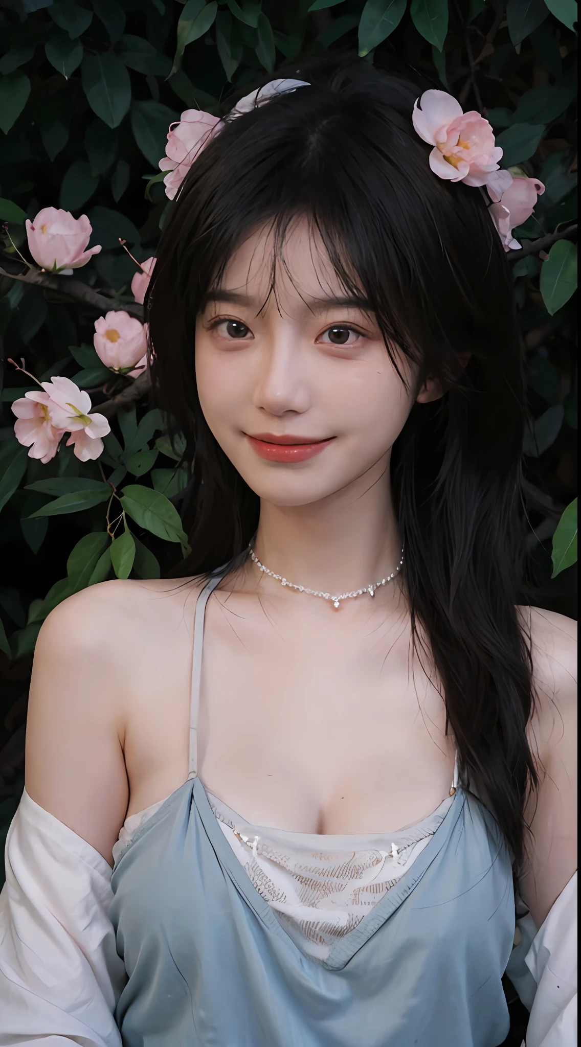 best qualtiy, 超高分辨率, (realisticlying:1.4),cute hairpin,Baoyu Girl,European style apartment, A pair of clear and moving peach blossom eyes,Royal Sister,sunshine on face,with long coiled hair,(ln the forest:1.4),(choker necklace:1.2),(Fair skin:1.4),(full bodyesbian:1.2)a sense of atmosphere,a beauty girl, ssmile,head straight-looking at viewer, closeup cleavage ,(Photorealistic:1.4),1girll,Sexy,(Upper body:1.4),(Wet body),(:1.2)