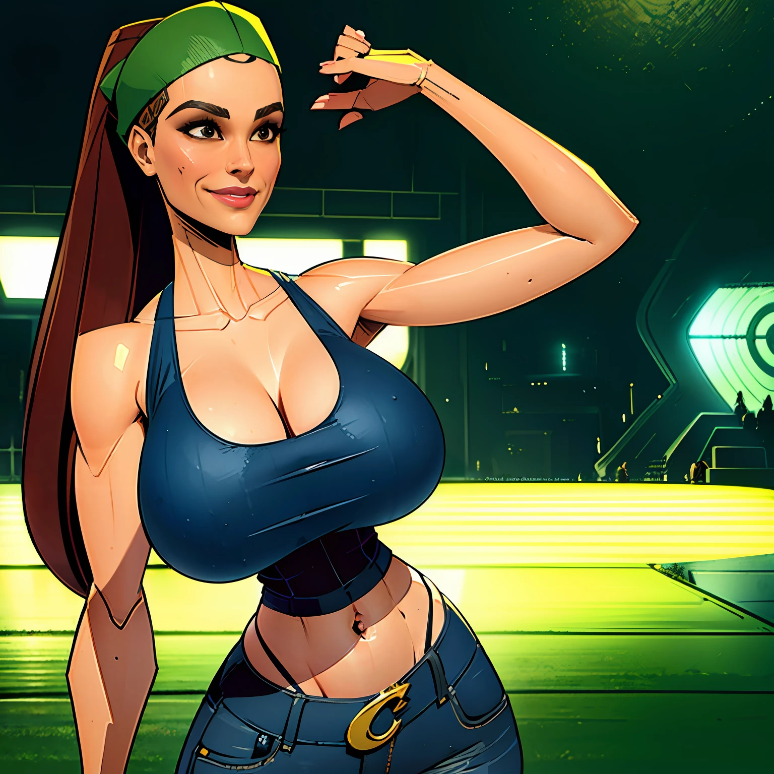 1girl, short busty petite brunette comic book woman, gorgeous face, masterpiece, beautiful, high quality, high definition, superb quality, highly detailed, insane detail, hands on hips, happy, smiling, sexy pose, hand on hip, long hair, huge ponytail, slim, thin, athletic, womanly, rubbery, elastic woman, (jacket and tank top, olive-colored jacket, blue jeans, do-rag, do rag, tight tank top), rubber body, brunette, (((huge breasts, big boobs, slim waist, overflowing breasts, too big for her top))), city, soft lighting, natural lighting, natural color, heroic, cheerful, (bold nose, hawkish facial features),