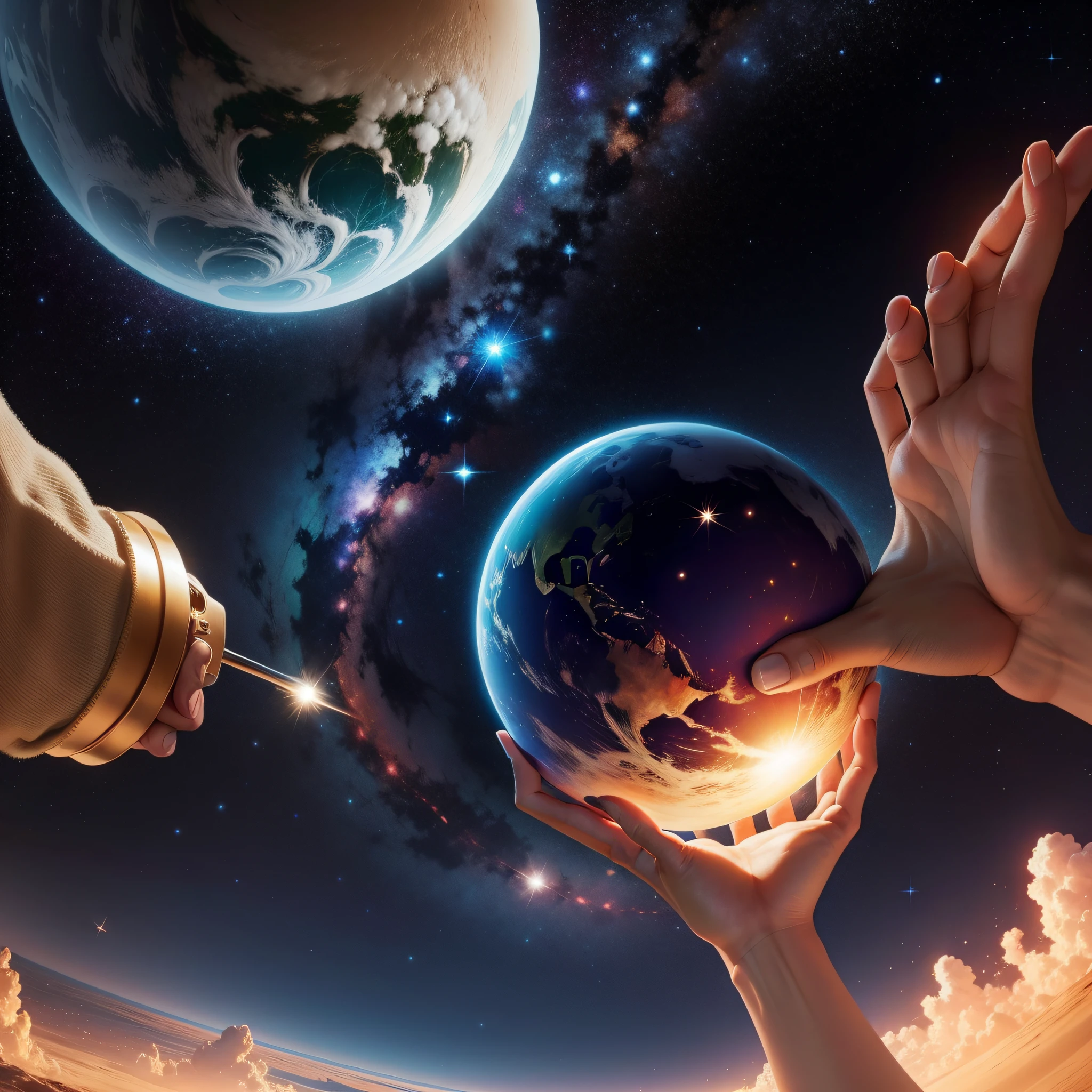 A beautiful hand holding a colored planet,Surrounded by stars,Sci-fi time,Brilliant starry sky